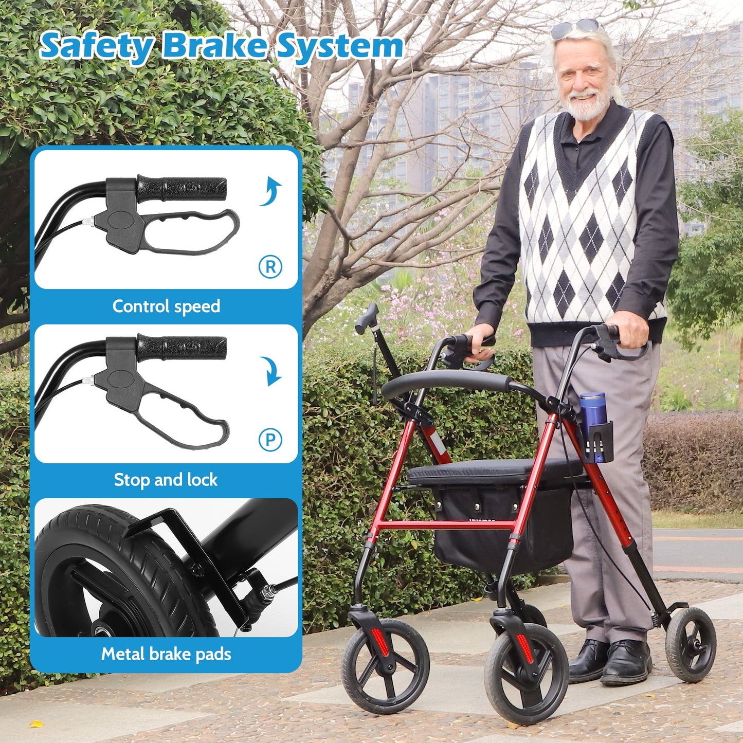 COSYWILL Rollator Walker with Seat,Foldable Walkers for Seniors,Mobility Walkers with 10'' Big Wheels,Adjustable Handles and Seat Height, Red