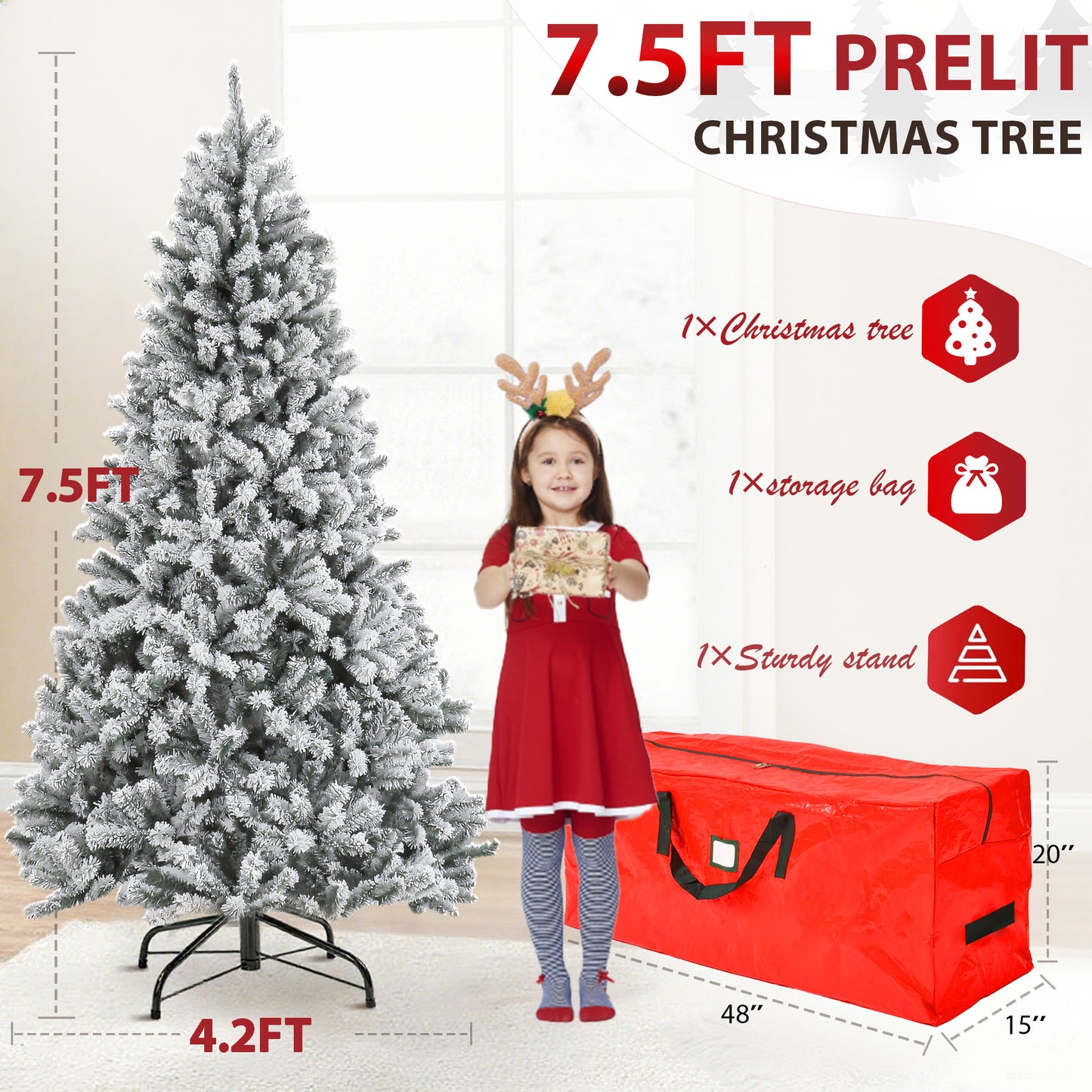 IZNEN 7.5ft Pre-Lit Snowflake Flocked Christmas Tree,8 Modes LED Lights,Artificial Xmas Tree with Storage Bag