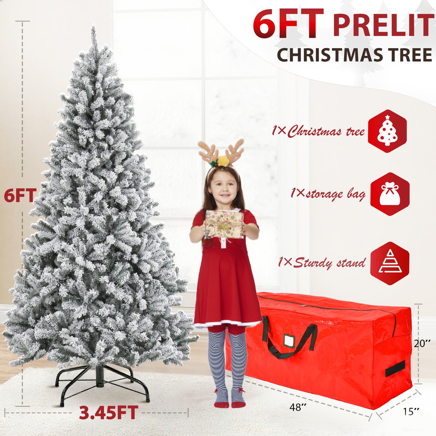 IZNEN 6ft Pre-Lit Snowflake Flocked Christmas Tree,8 Modes LED Lights,Artificial Xmas Tree with Storage Bag