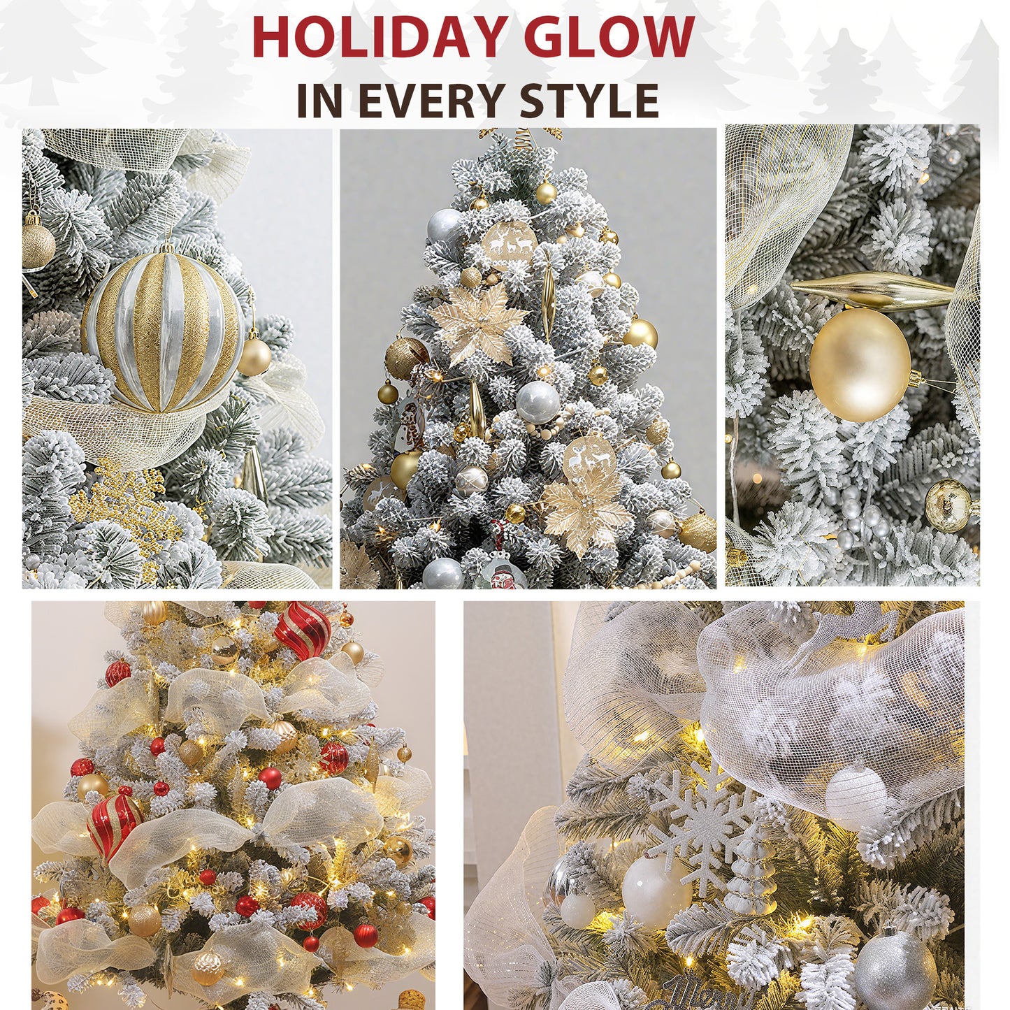 IZNEN 7.5ft Pre-Lit Snowflake Flocked Christmas Tree,8 Modes LED Lights,Artificial Xmas Tree with Storage Bag