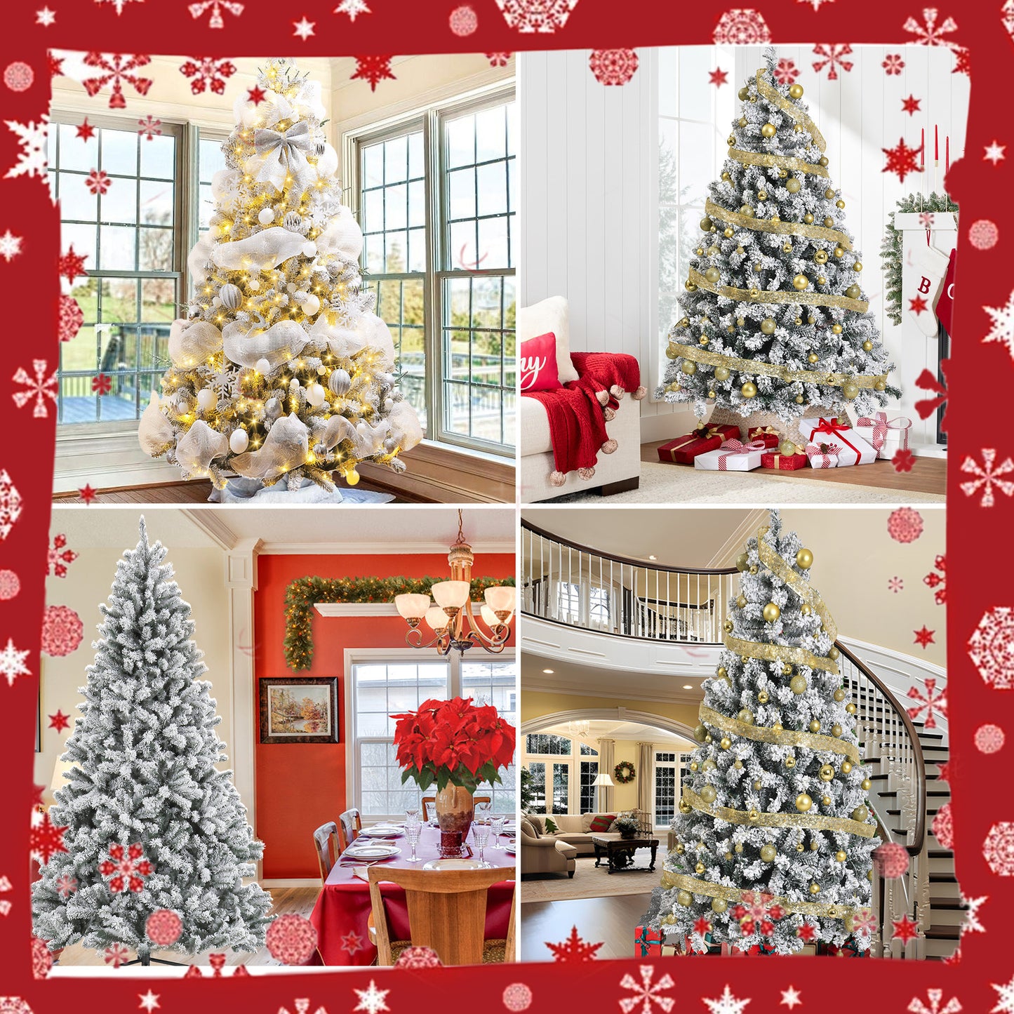 IZNEN 7.5ft Pre-Lit Snowflake Flocked Christmas Tree,8 Modes LED Lights,Artificial Xmas Tree with Storage Bag