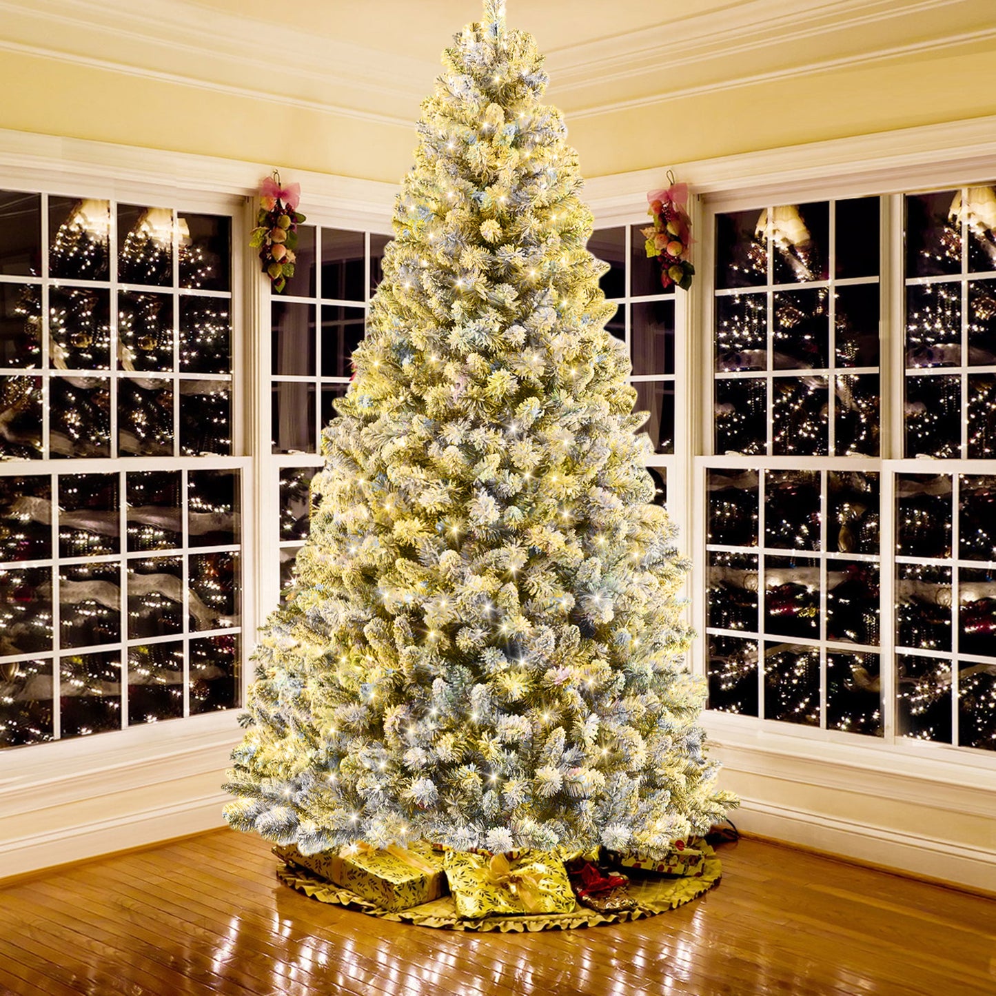IZNEN 7.5ft Pre-Lit Snowflake Flocked Christmas Tree,8 Modes LED Lights,Artificial Xmas Tree with Storage Bag