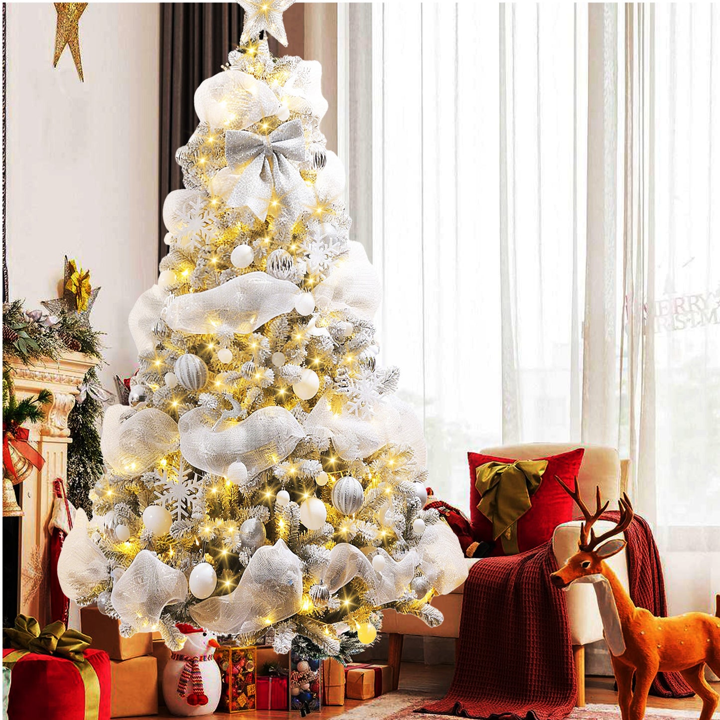 IZNEN 6ft Pre-Lit Snowflake Flocked Christmas Tree,8 Modes LED Lights,Artificial Xmas Tree with Storage Bag