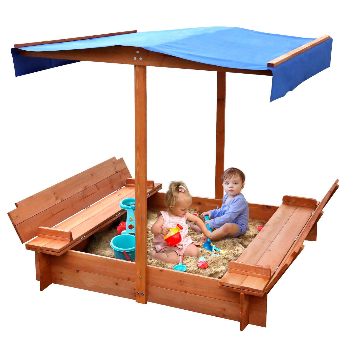 YOUPINS 48" Wooden Sandbox with Lid, Outdoor Large Kids Sandbox with Seat,for Yard Lawn Garden