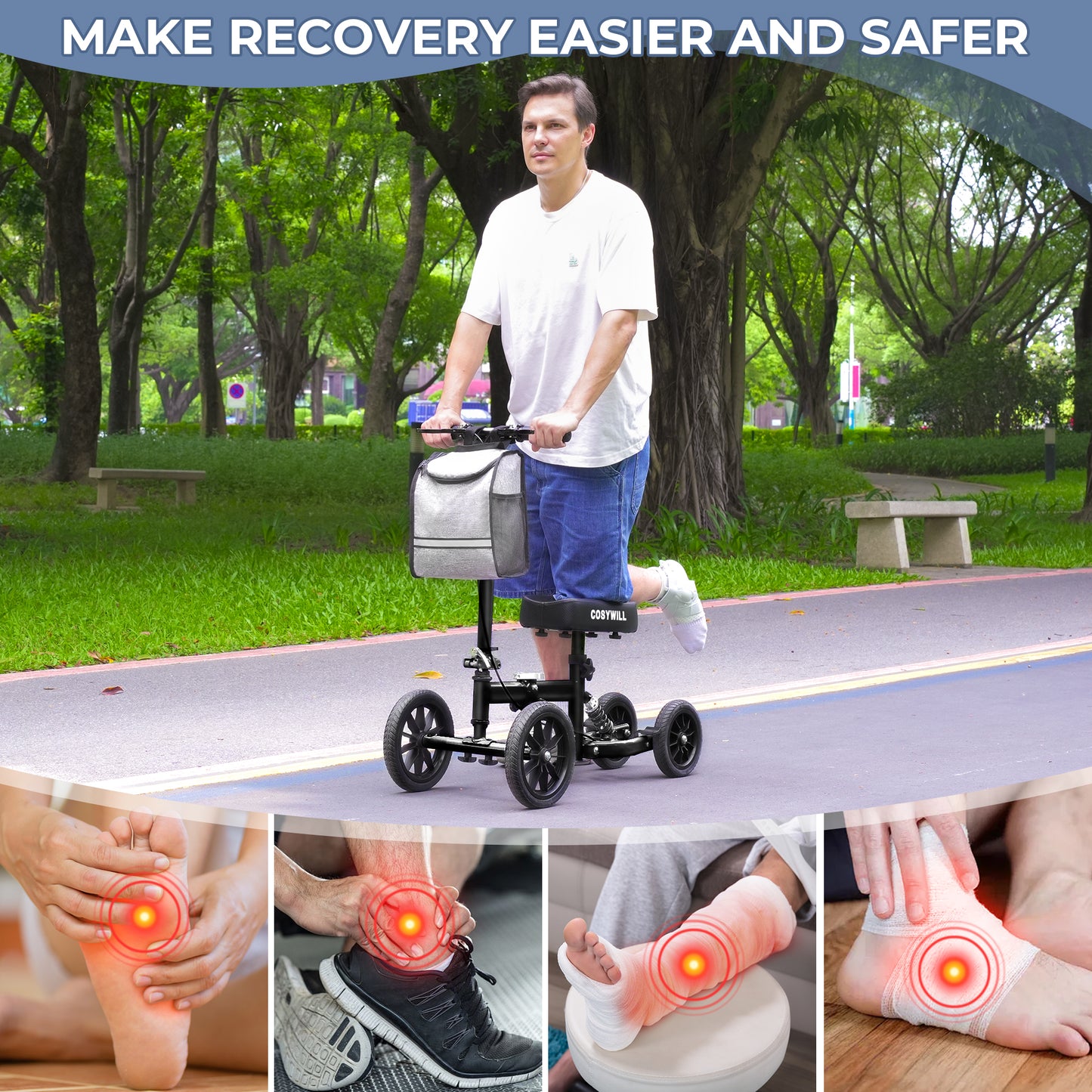 COSYWILL All Terrain Knee Scooter,Knee Walker Scooter for Foot Injuries,Adults Roller Scooter for with 10“ TPU Wheel,Compact Crutches Alternative,Black