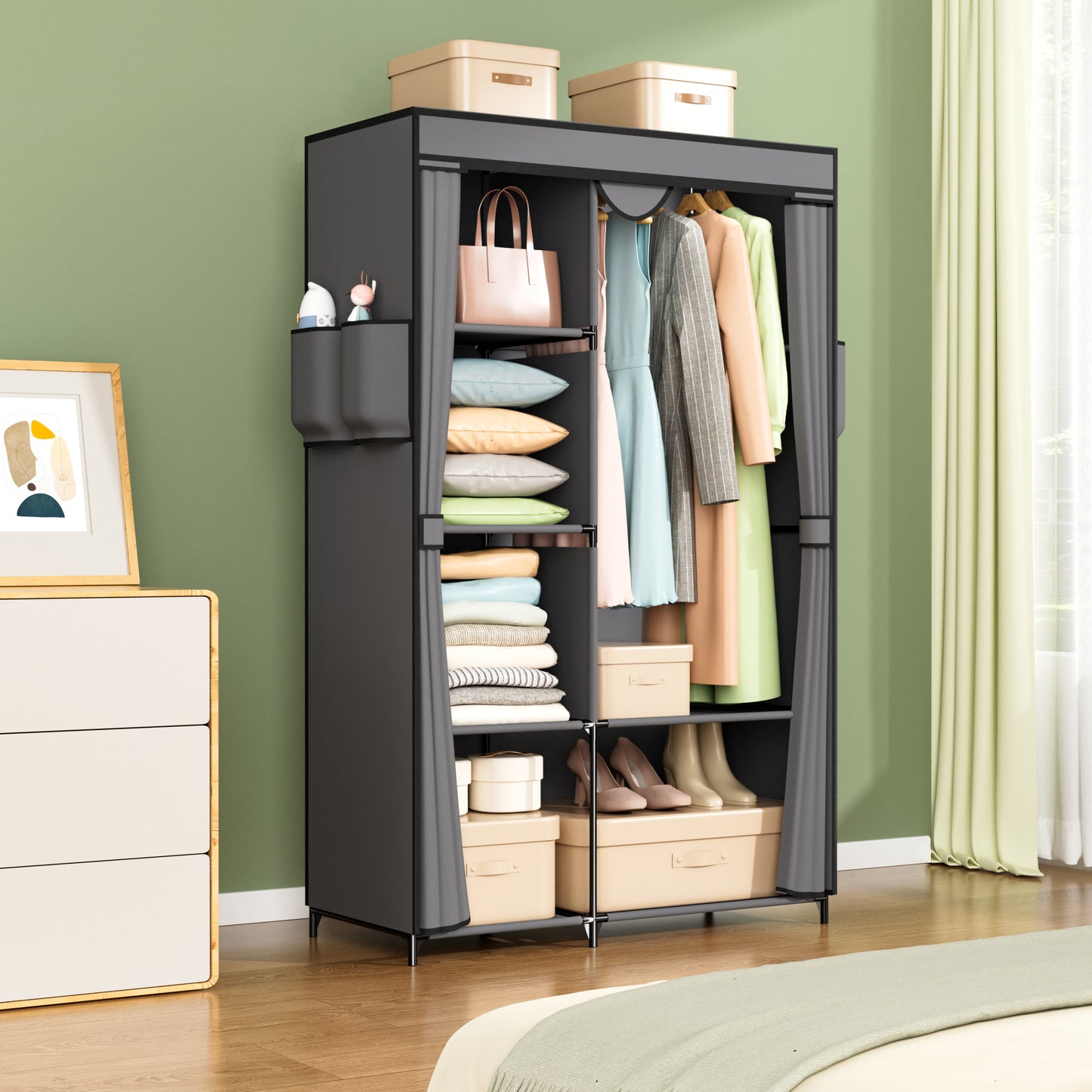 YOUPINS Portable Clothes Organizer with Hanging Rod, Portable Closet Non-Woven Fabric,Black