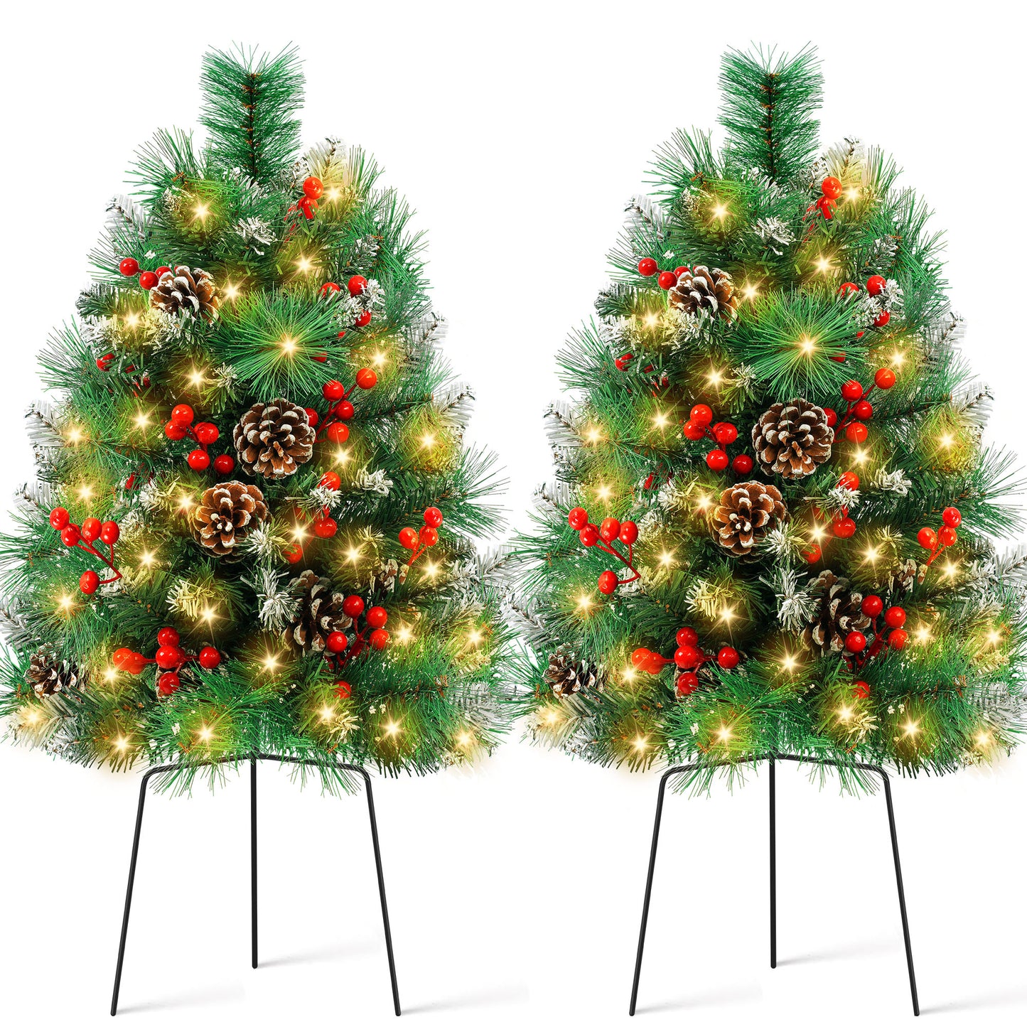Yexmas 2PCS Small Outdoor Christmas Trees with LED Lights,30" Artificial Xmas Decora for Porch,Yard,Pathway,Garden,PVC+Flocking Pine Needles
