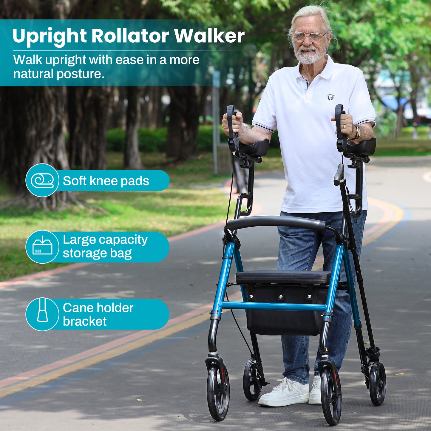 COSYWILL Upright Rollator Walker,Stand Up Walkers for Seniors and Adults with Backrest Seat,Lightweight and Folding Design,Blue