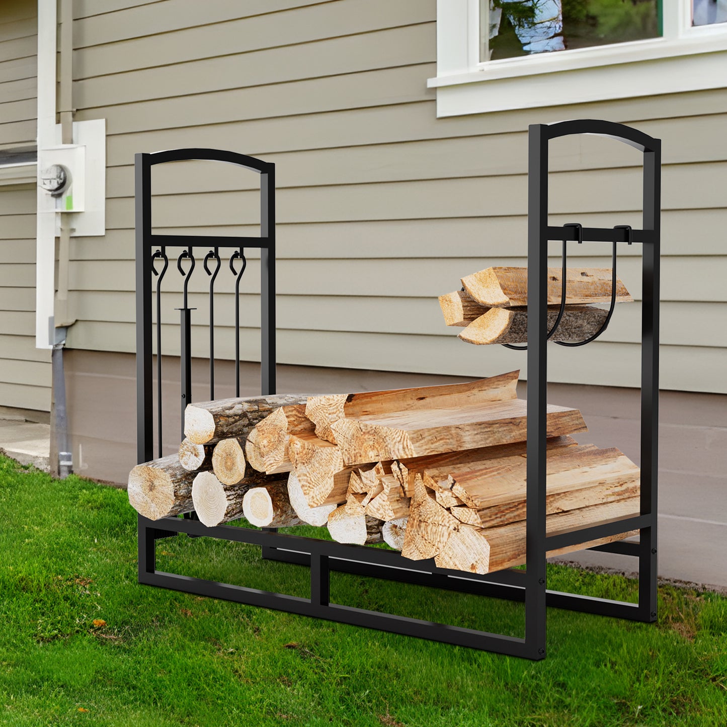 Lookfly Firewood Rack with 5-Piece Fireplace Tool Set & Kindling Holder – Indoor/Outdoor Wood Storage & Organizer for Fire Pit or Fireplace