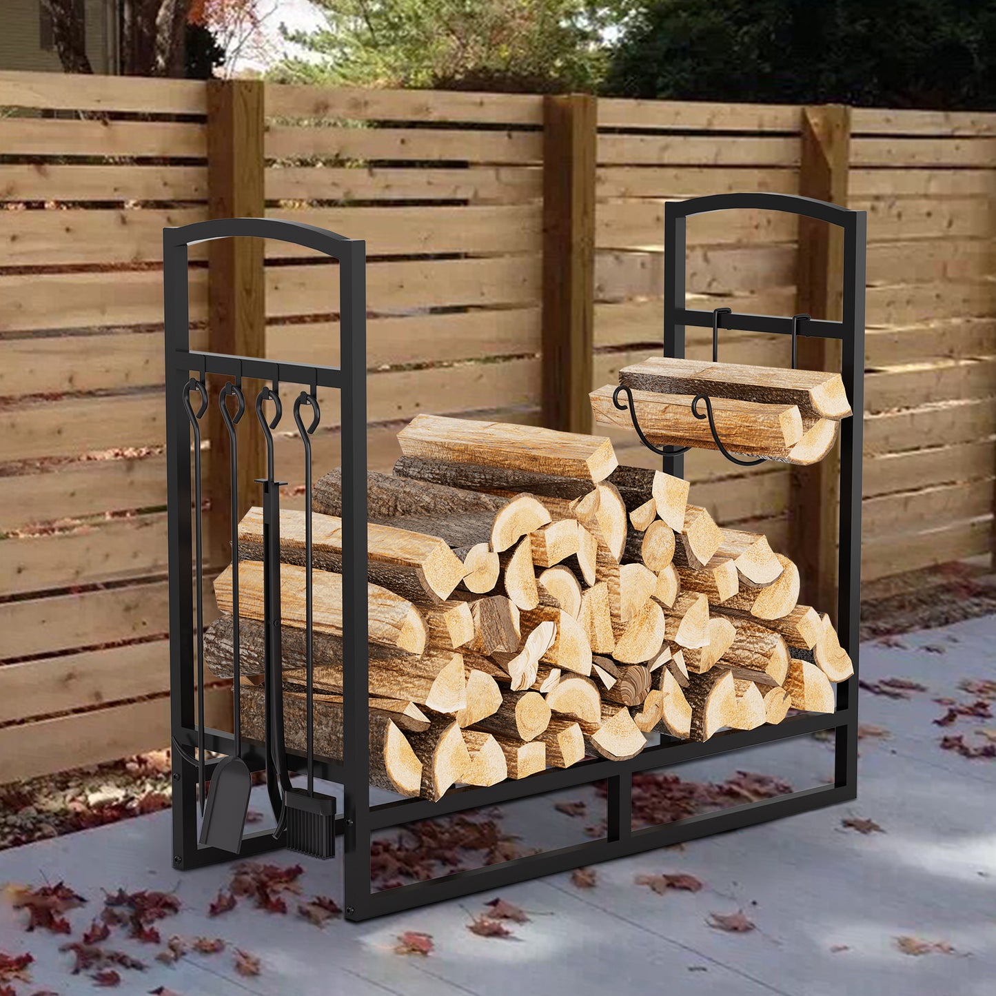 Lookfly Firewood Rack with 5-Piece Fireplace Tool Set & Kindling Holder – Indoor/Outdoor Wood Storage & Organizer for Fire Pit or Fireplace