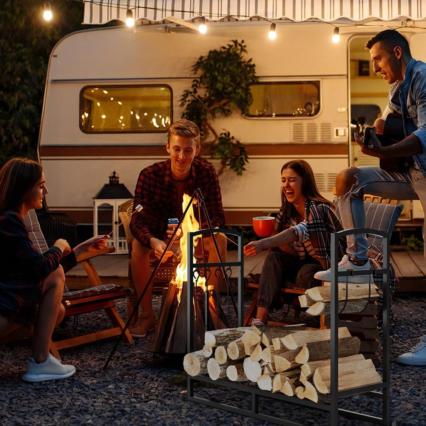 Lookfly Firewood Rack with 5-Piece Fireplace Tool Set & Kindling Holder – Indoor/Outdoor Wood Storage & Organizer for Fire Pit or Fireplace