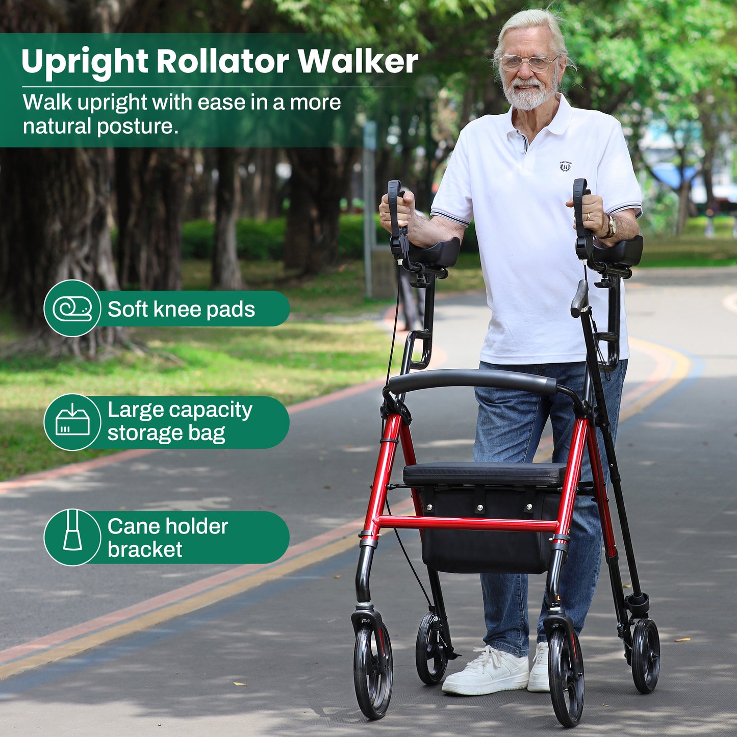 COSYWILL Upright Rollator Walker,Stand Up Walkers for Seniors and Adults with Backrest Seat,Lightweight and Folding Design,Red