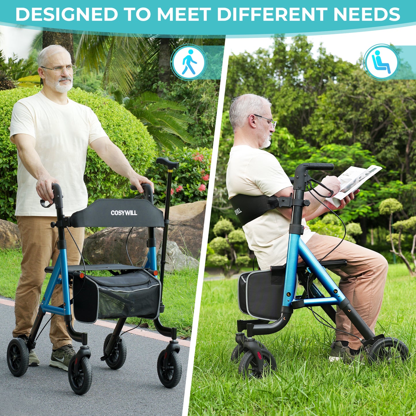 COSYWILL Aluminum Rollator Walker with Seat,Height Adjustable Mobility Walker with 8" Wheels,350 lb Weight Capacity,Blue