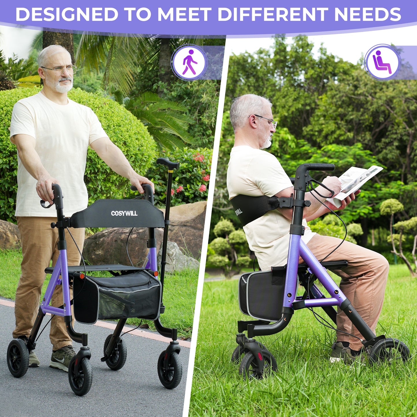 COSYWILL Aluminum Rollator Walker with Seat,Height Adjustable Mobility Walker with 8" Wheels,350 lb Weight Capacity,Purple