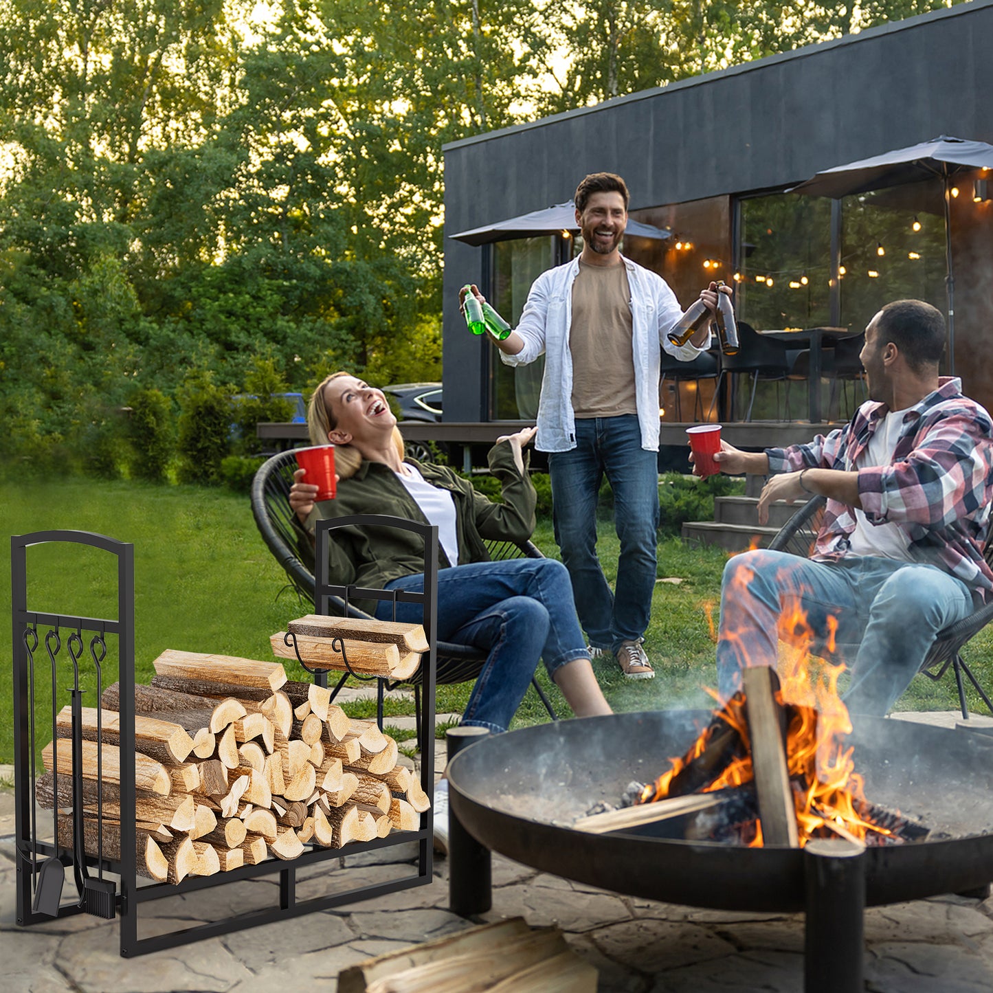 Lookfly Firewood Rack with 5-Piece Fireplace Tool Set & Kindling Holder – Indoor/Outdoor Wood Storage & Organizer for Fire Pit or Fireplace