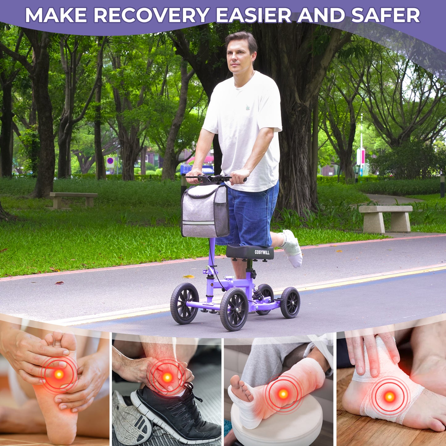COSYWILL All Terrain Knee Scooter,Knee Walker Scooter for Foot Injuries,Adults Roller Scooter for with 10“ TPU Wheel,Compact Crutches Alternative,Purple
