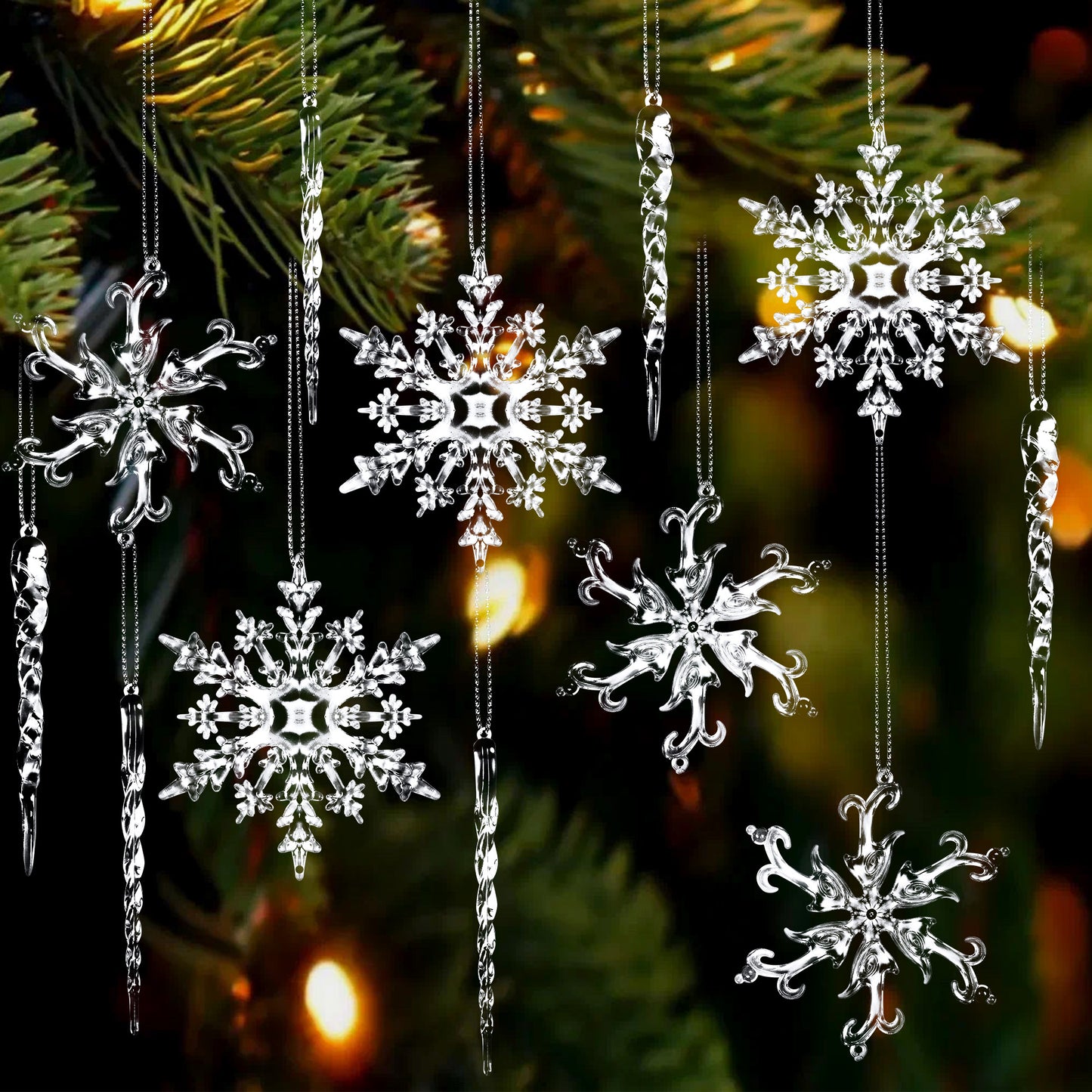 Yexmas 36 Pcs Christmas Tree Crystal Ornaments, Hanging Acrylic Navidad Snowflake Icicle Pendant Crystal Decorations for Holiday Decor, New Year Party