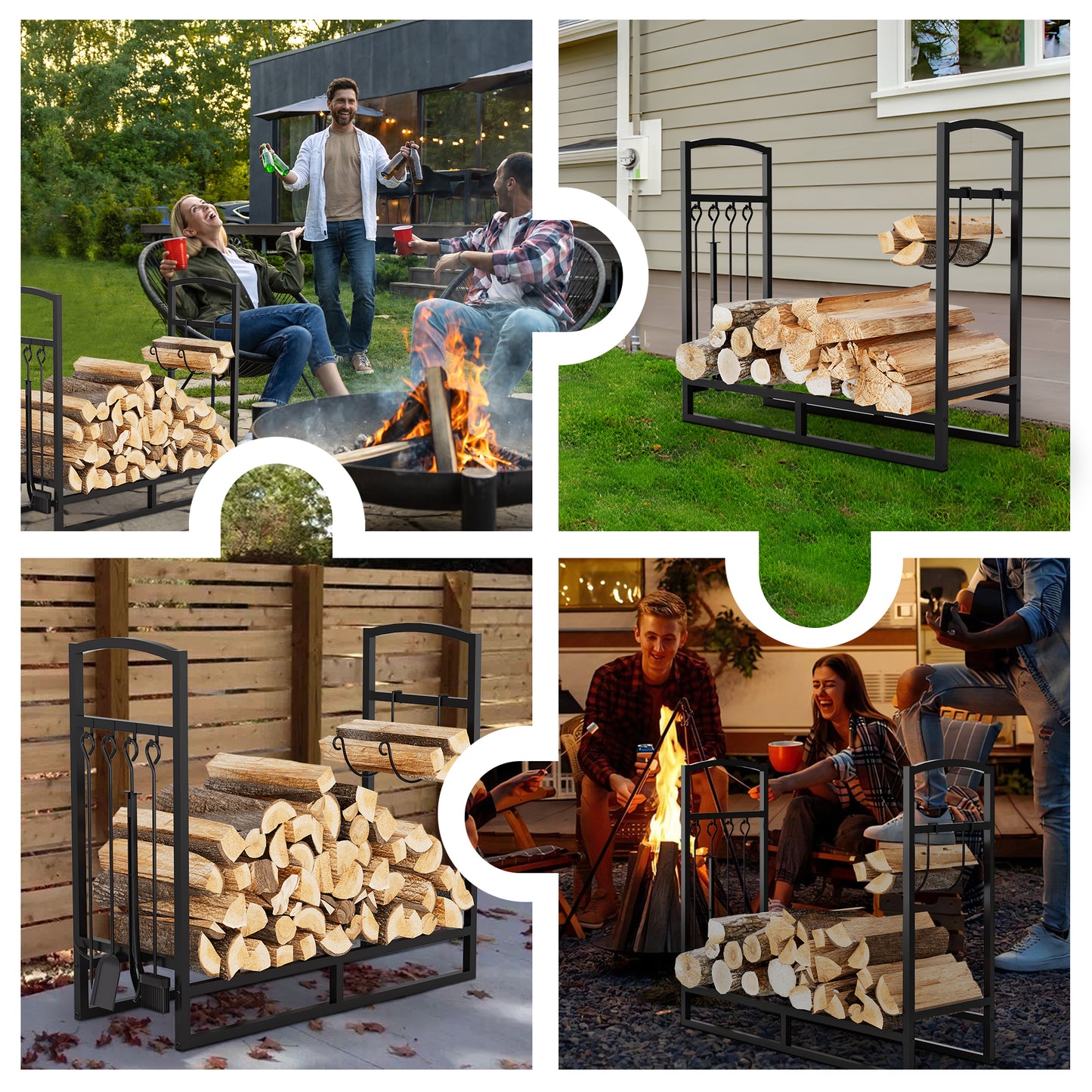 Lookfly Firewood Rack with 5-Piece Fireplace Tool Set & Kindling Holder – Indoor/Outdoor Wood Storage & Organizer for Fire Pit or Fireplace