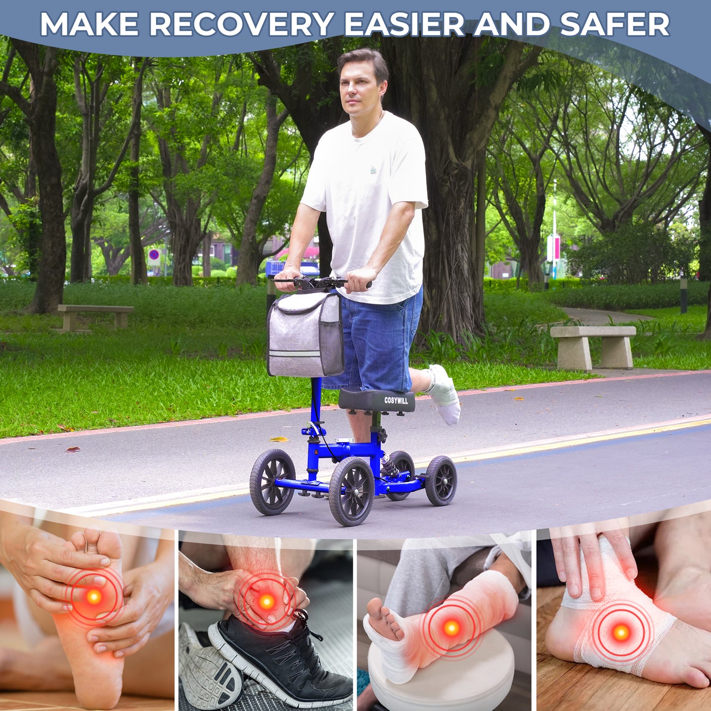 COSYWILL All Terrain Knee Scooter,Knee Walker Scooter for Foot Injuries,Adults Roller Scooter for with 10“ TPU Wheel,Compact Crutches Alternative,Blue