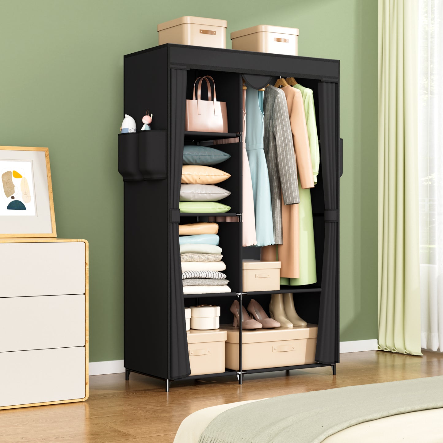 YOUPINS Portable Clothes Organizer with Hanging Rod, Portable Closet Non-Woven Fabric,Black
