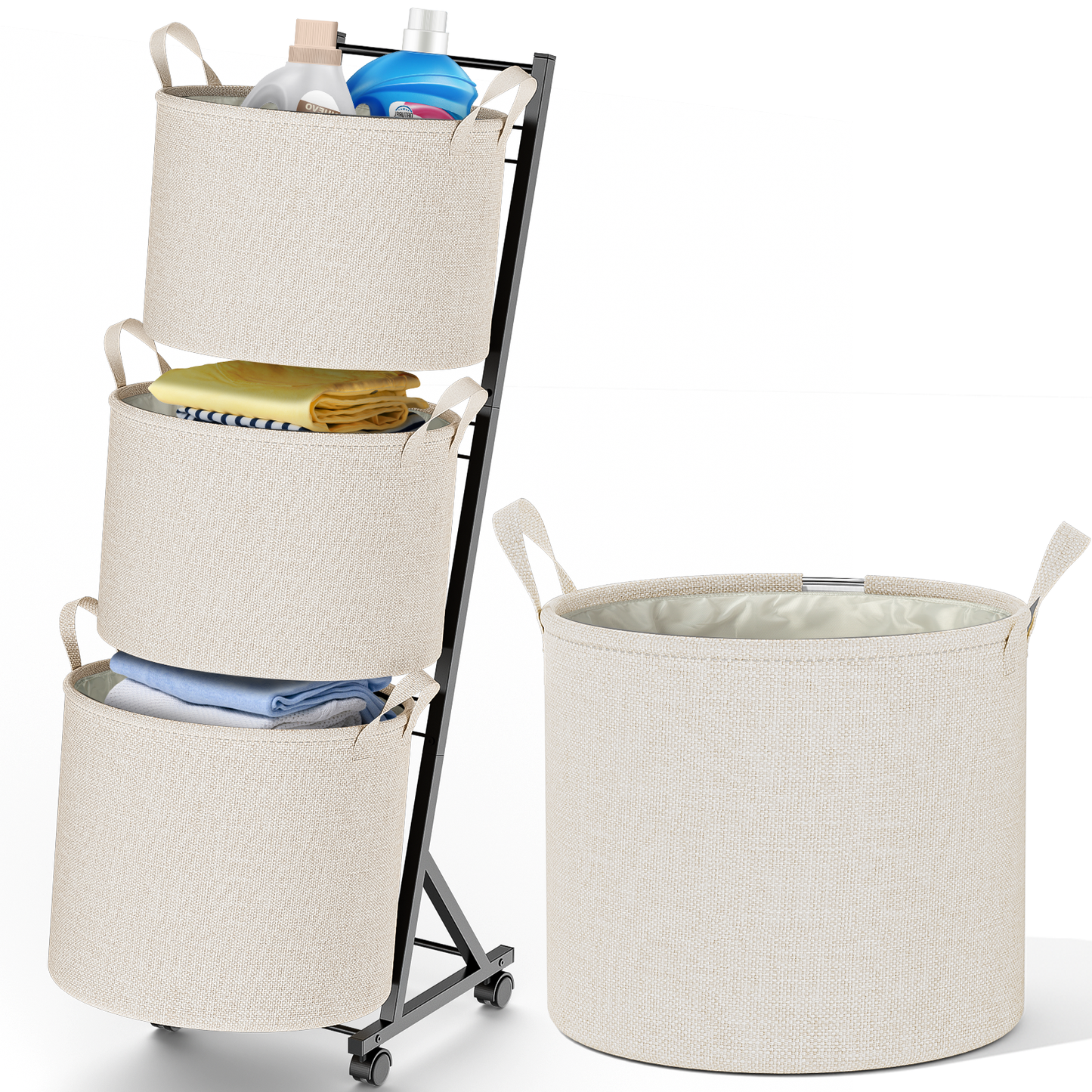 YOUPIS 3-Tier 111L Laundry Hamper Sorter,Laundry Storage Organizer with Wheels Removable Rolling Laundry Baskets for Bathroom, Dorm, Laundry Room,Beige