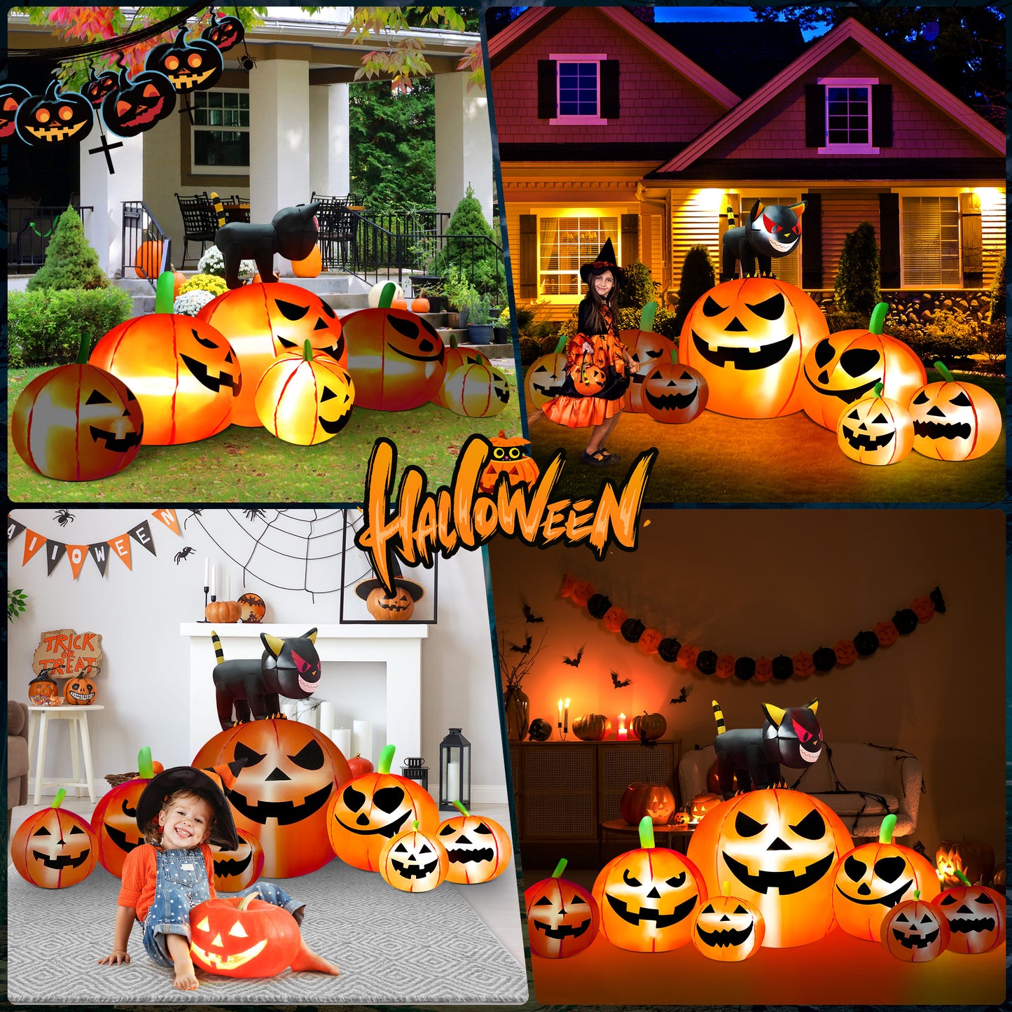 IZNEN 8.1ft Halloween Inflatable Blow Up Pumpkin Decoration,7 Glitter Pumpkins with Black Cat,Built-in LED Lights for Halloween Holiday,Yard,Garden,Lawn