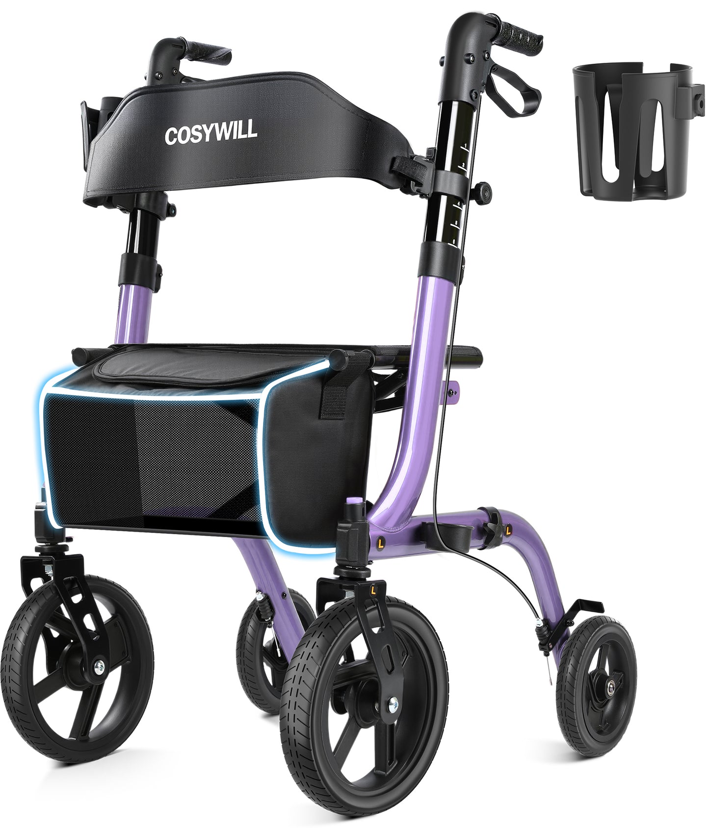 COSYWILL Rollator Walkers with Seat for Seniors, Foldable 10" Big Wheels All Terrain Rolling Walker,Adjustable Handles, Mobility Walker for Seniors,Light Red