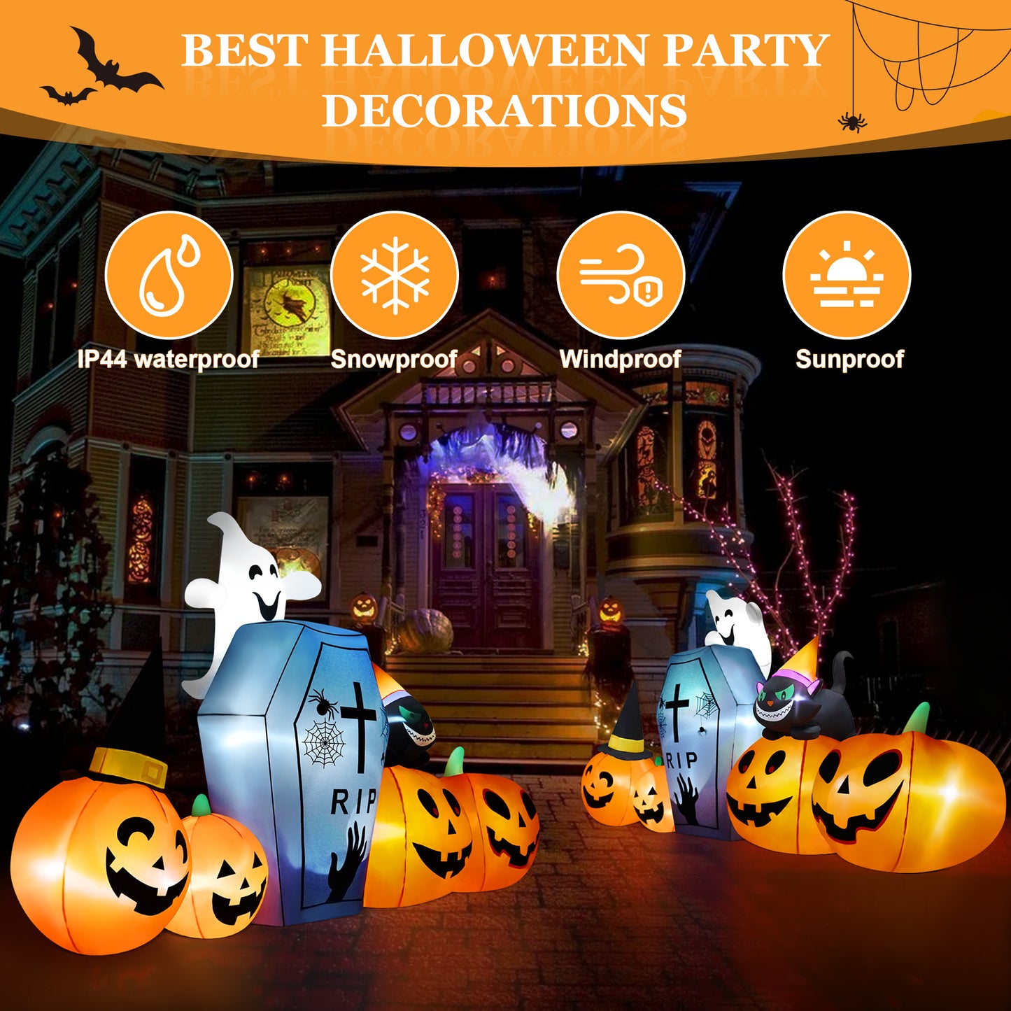 IZNEN 9.5ft Halloween Inflatable Pumpkins Outdoor Decor with Black Cat Tombstone and Spectre,Built-in LED Lights,for Halloween Party,Yard,Garden,Lawn