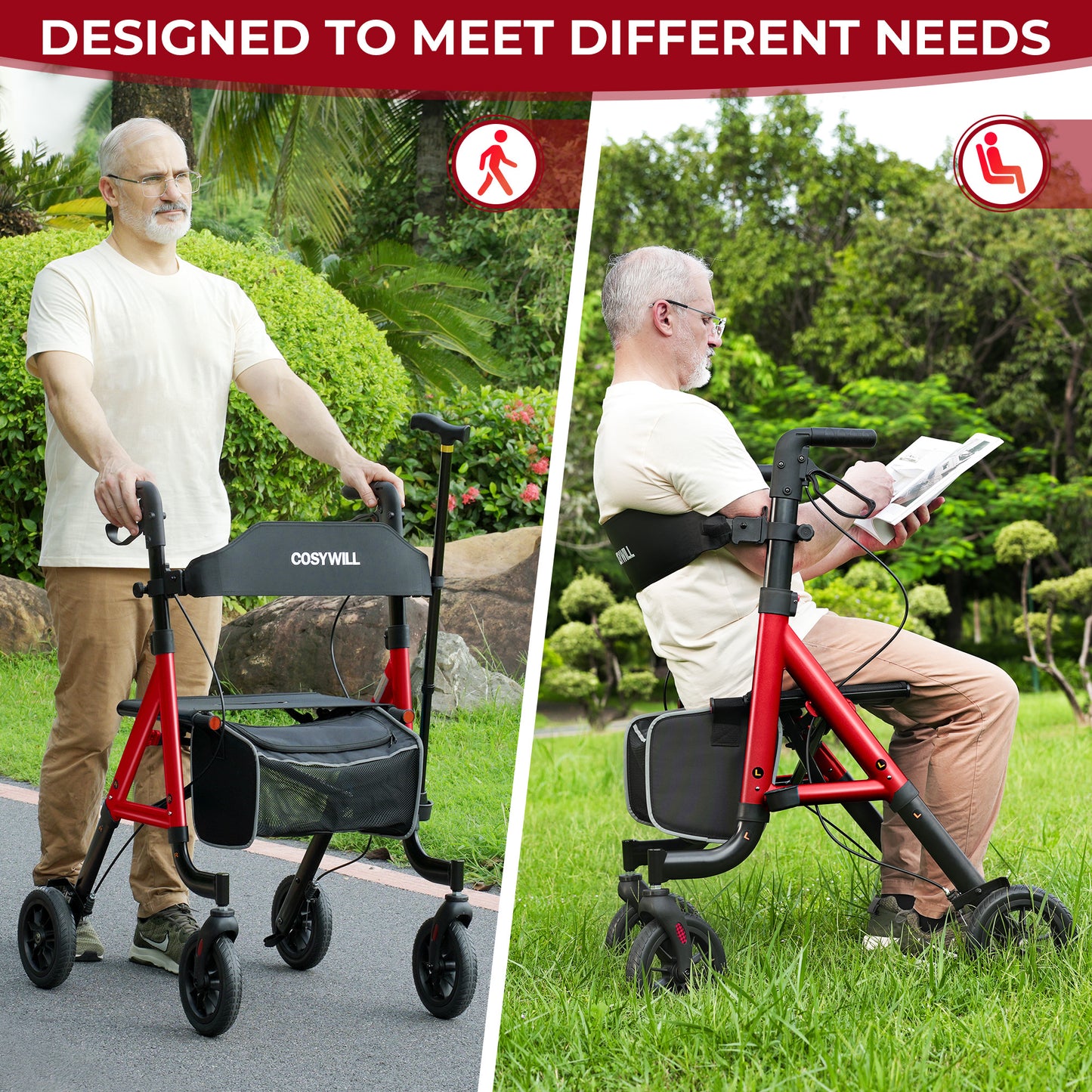 COSYWILL Aluminum Rollator Walker with Seat,Height Adjustable Mobility Walker with 8" Wheels,350 lb Weight Capacity,Red