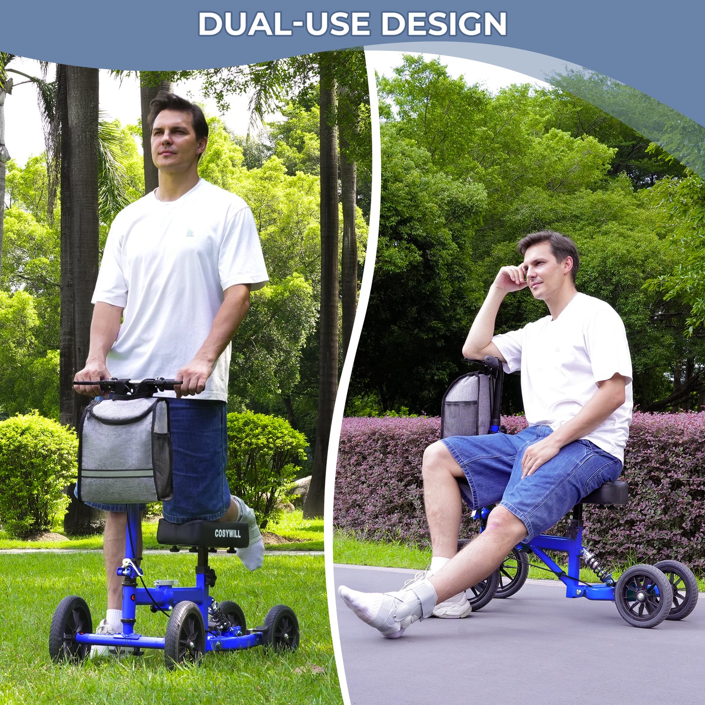 COSYWILL All Terrain Knee Scooter,Knee Walker Scooter for Foot Injuries,Adults Roller Scooter for with 10“ TPU Wheel,Compact Crutches Alternative,Blue