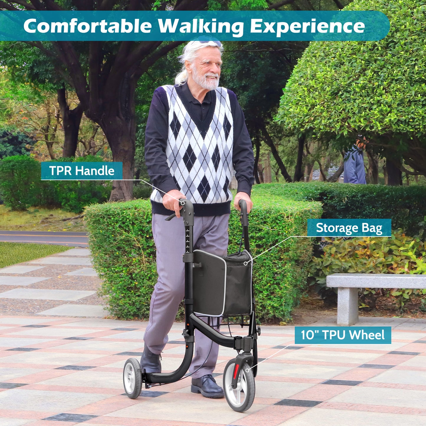 COSYWILL 3 Wheel Rollator Walkers for Seniors,Ultra Lightweight Foldable Walker for Elderly with Storage Bag, 10" Three Wheel Modern Mobility Walking Aid Aluminum, Red