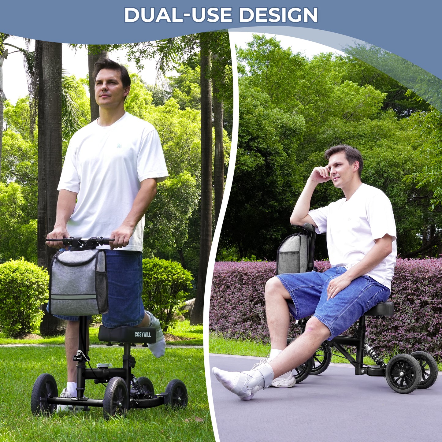 COSYWILL All Terrain Knee Scooter,Knee Walker Scooter for Foot Injuries,Adults Roller Scooter for with 10“ TPU Wheel,Compact Crutches Alternative,Black