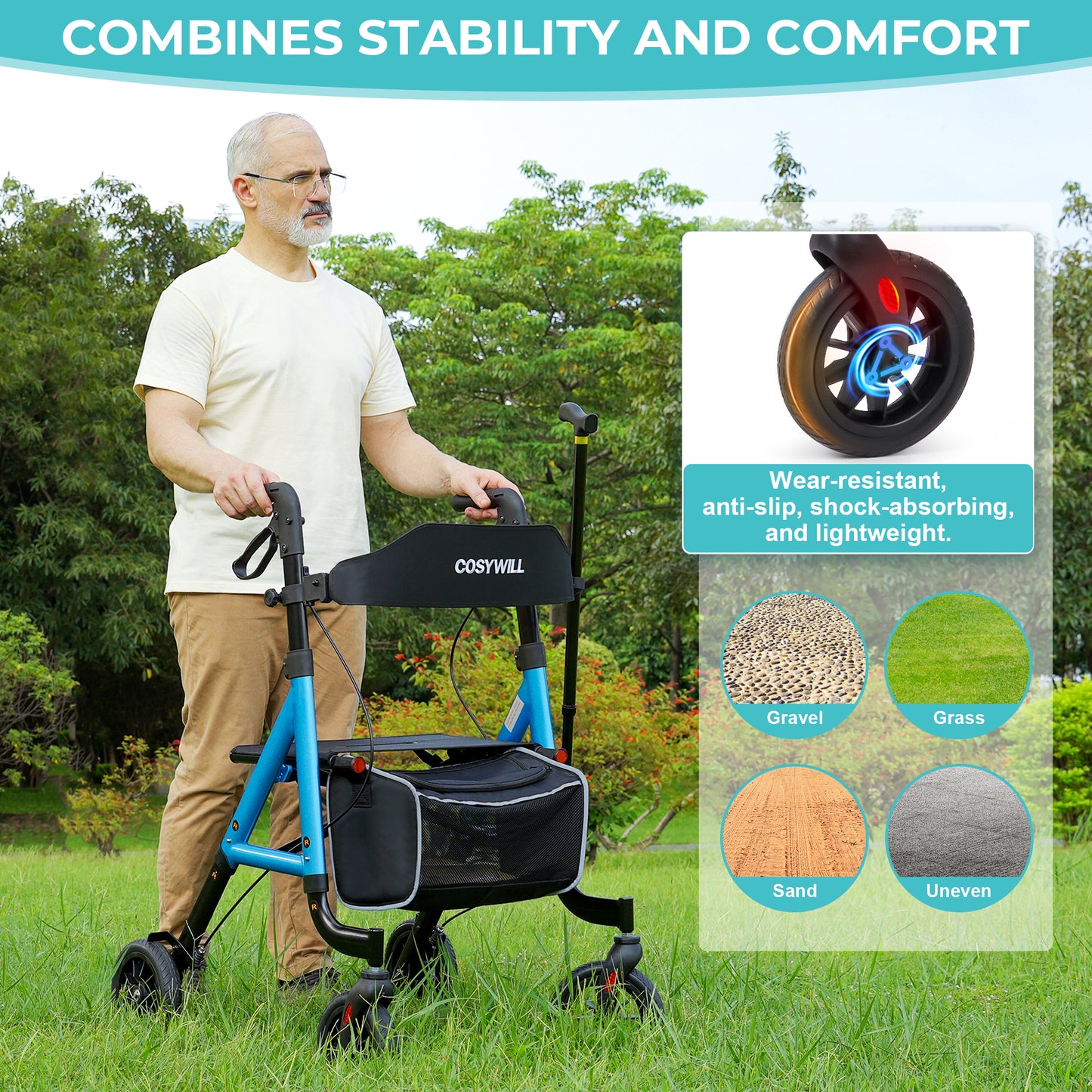 COSYWILL Aluminum Rollator Walker with Seat,Height Adjustable Mobility Walker with 8" Wheels,350 lb Weight Capacity,Blue