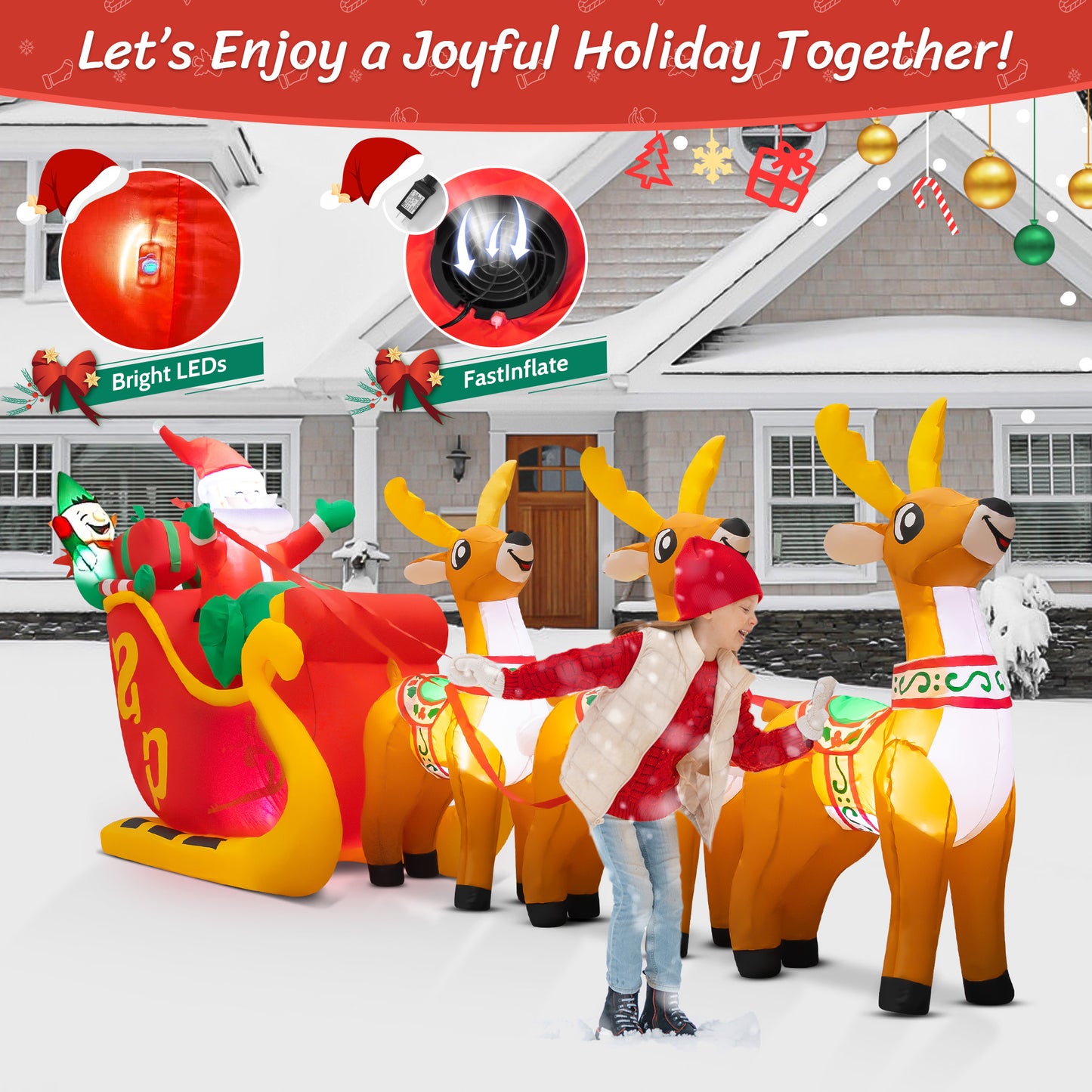 IZNEN 10ft Christmas Inflatable Santa Claus On Sleigh With 3 Reindeer Outdoor Lights Decor for Holiday Decor,Xmas Party,Yard,Garden and Lawn