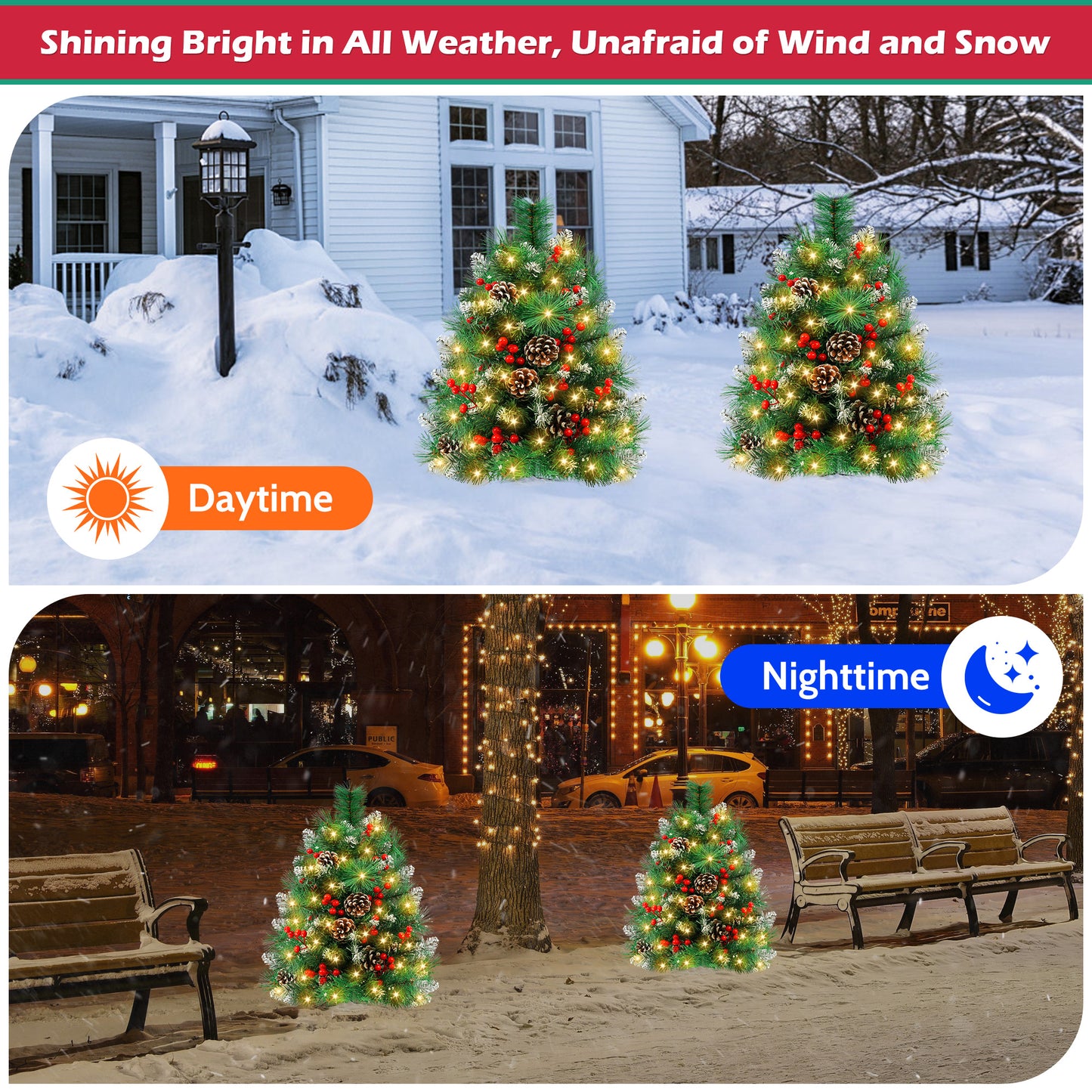 Yexmas 2PCS Small Outdoor Christmas Trees with LED Lights,30" Artificial Xmas Decora for Porch,Yard,Pathway,Garden,PVC+Flocking Pine Needles
