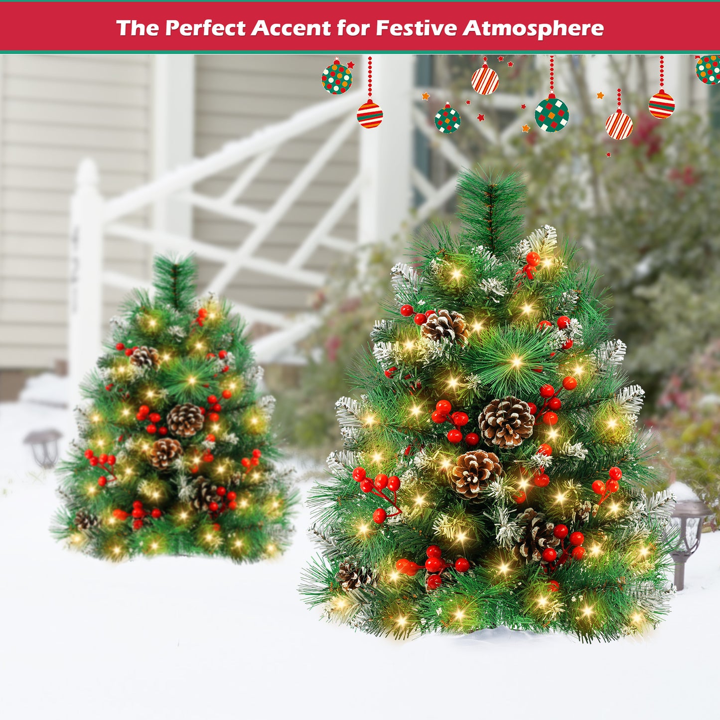 Yexmas 2PCS Small Outdoor Christmas Trees with LED Lights,30" Artificial Xmas Decora for Porch,Yard,Pathway,Garden,PVC+Flocking Pine Needles