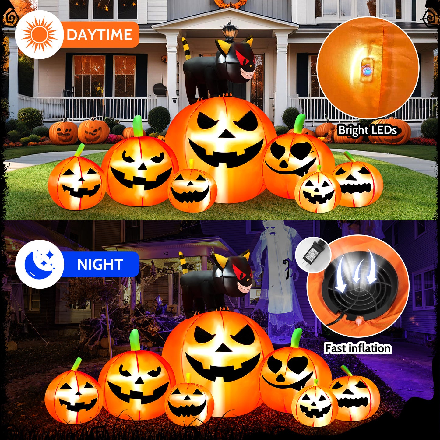 IZNEN 8.1ft Halloween Inflatable Blow Up Pumpkin Decoration,7 Glitter Pumpkins with Black Cat,Built-in LED Lights for Halloween Holiday,Yard,Garden,Lawn