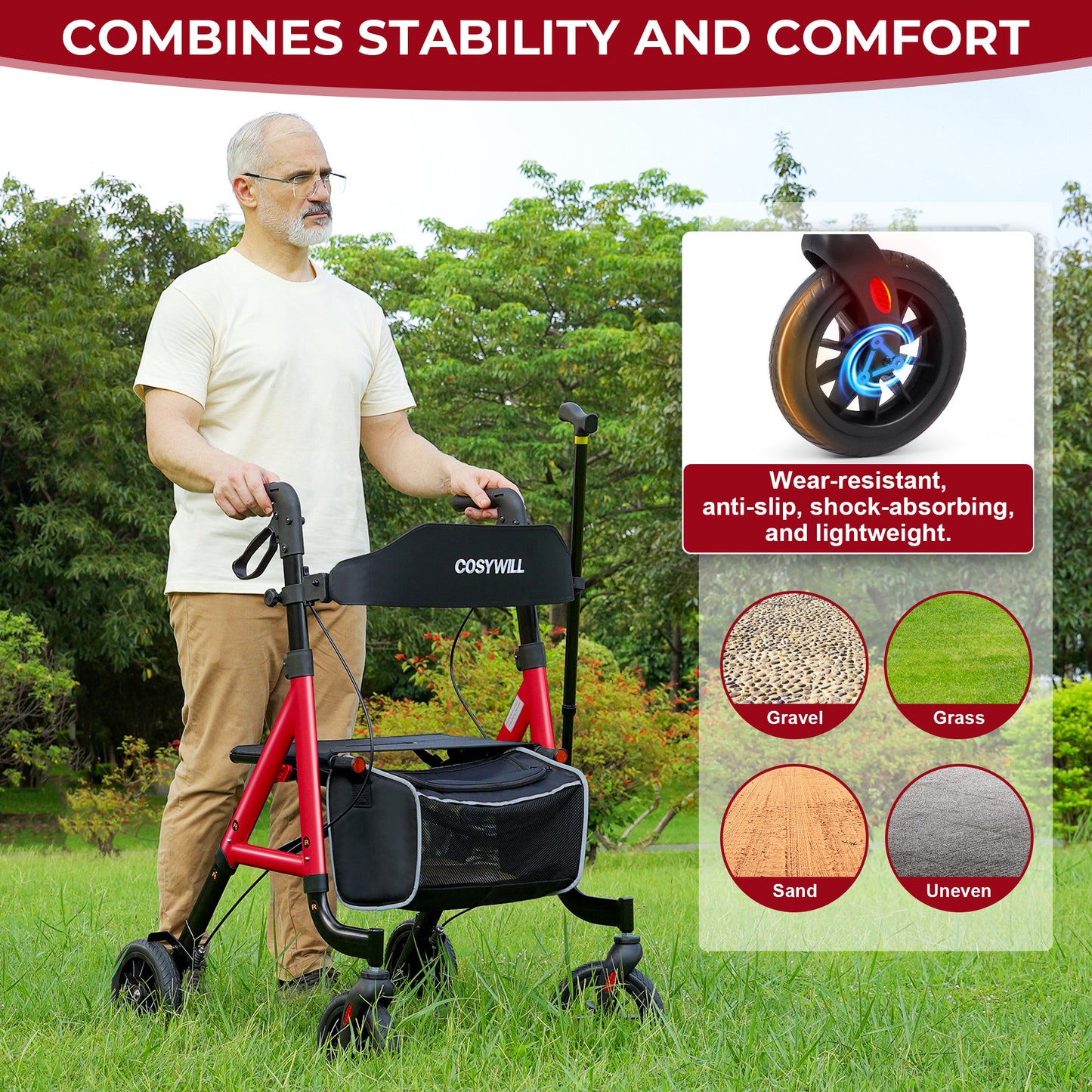COSYWILL Aluminum Rollator Walker with Seat,Height Adjustable Mobility Walker with 8" Wheels,350 lb Weight Capacity,Red