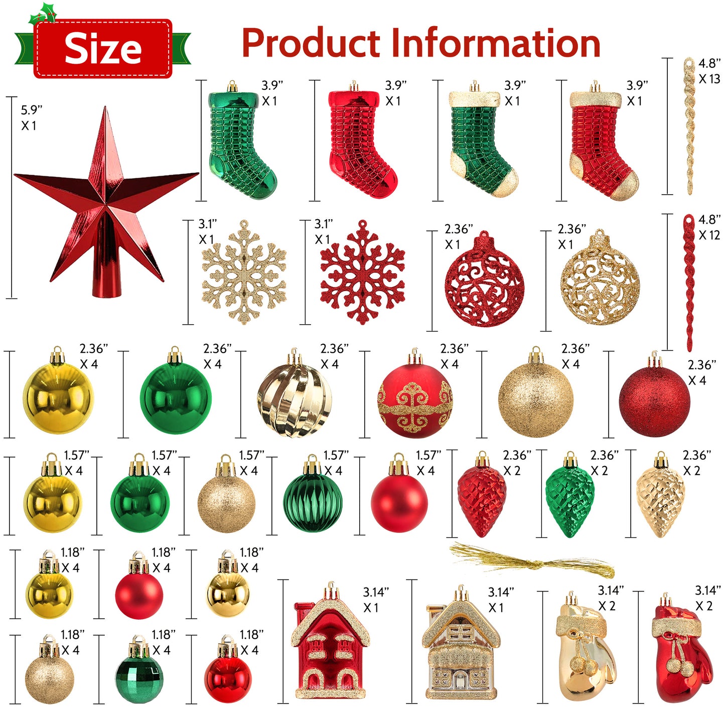 Yexmas 132PCS Christmas Ball Ornament Set, Shatterproof Hanging Christmas Tree Decorations for Holiday Decor Party