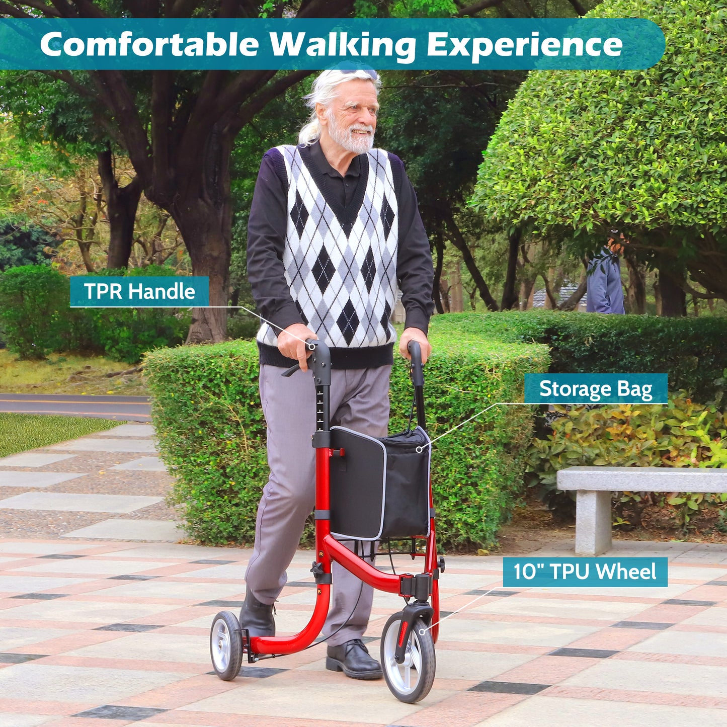 COSYWILL 3 Wheel Rollator Walkers for Seniors,Ultra Lightweight Foldable Walker for Elderly with Storage Bag, 10" Three Wheel Modern Mobility Walking Aid Aluminum, Red