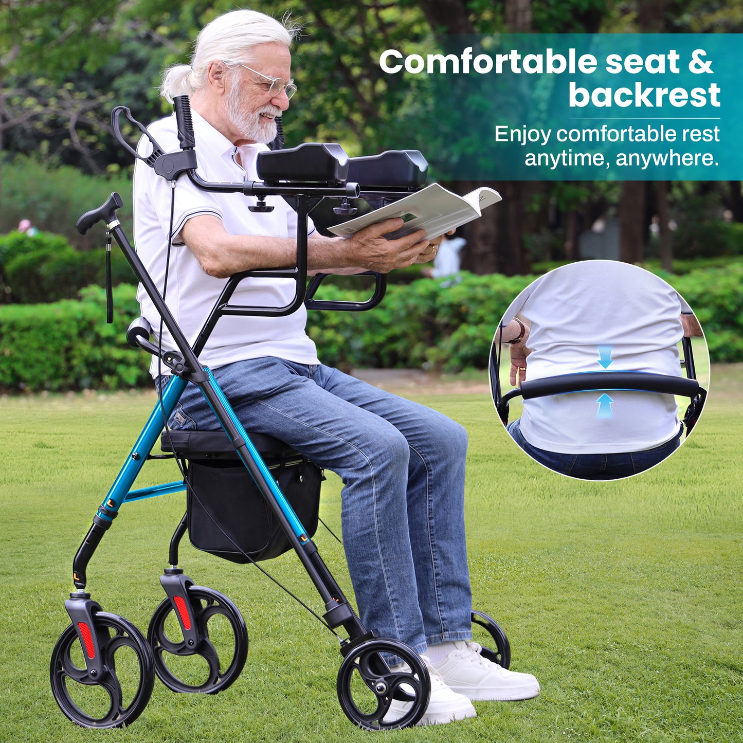 COSYWILL Upright Rollator Walker,Stand Up Walkers for Seniors and Adults with Backrest Seat,Lightweight and Folding Design,Blue