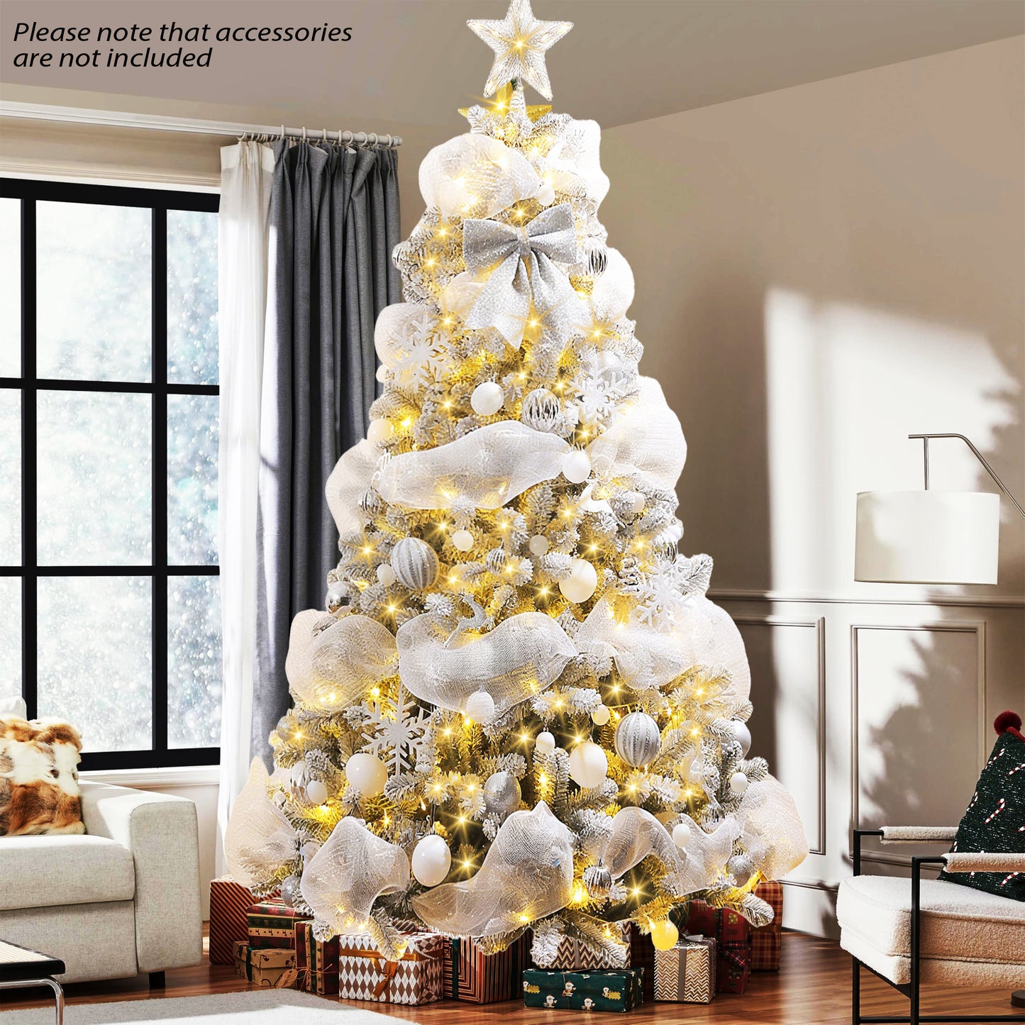 IZNEN 7.5ft Pre-Lit Snowflake Flocked Christmas Tree,8 Modes LED Lights,Artificial Xmas Tree with Storage Bag