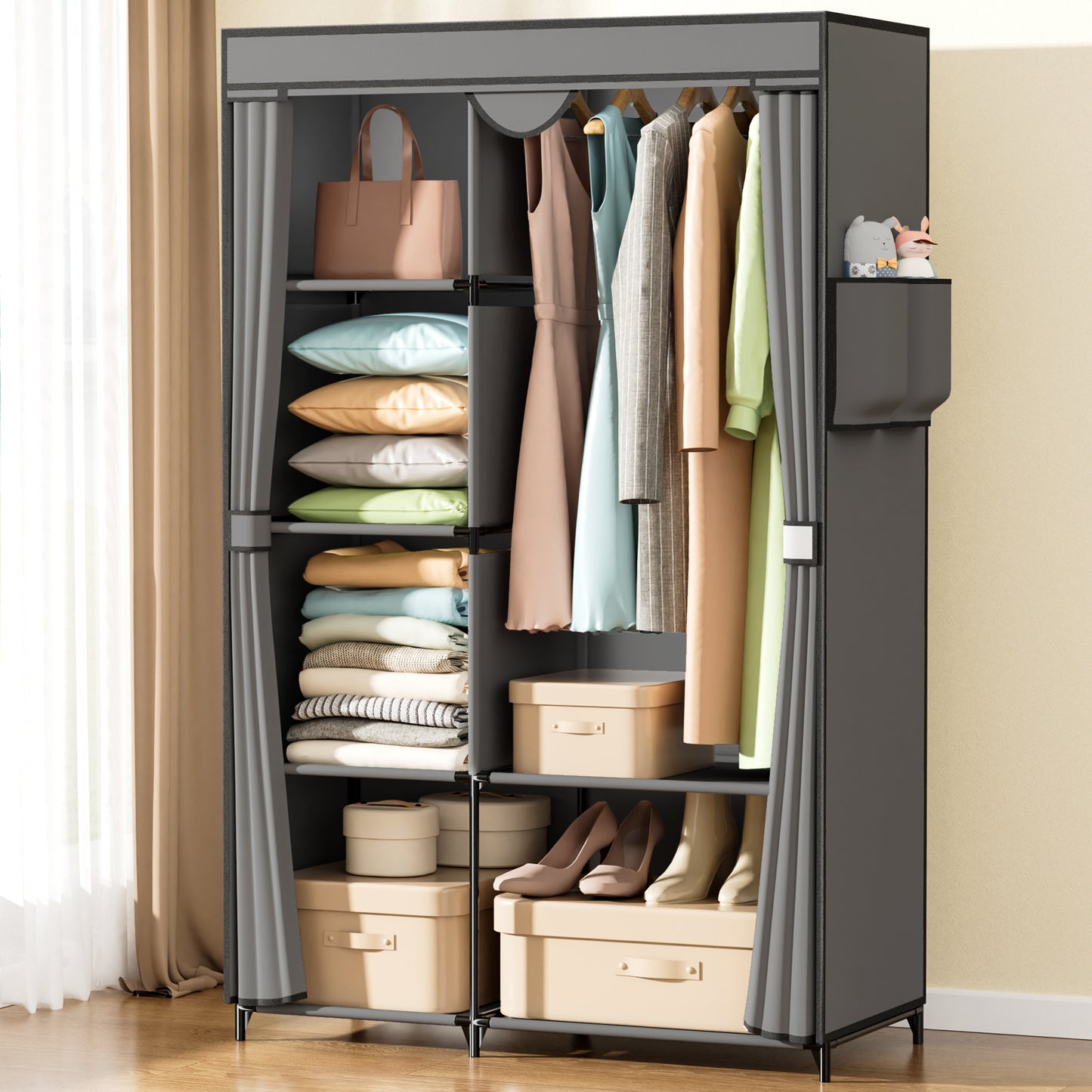 YOUPINS Portable Clothes Organizer with Hanging Rod, Portable Closet Non-Woven Fabric,Black
