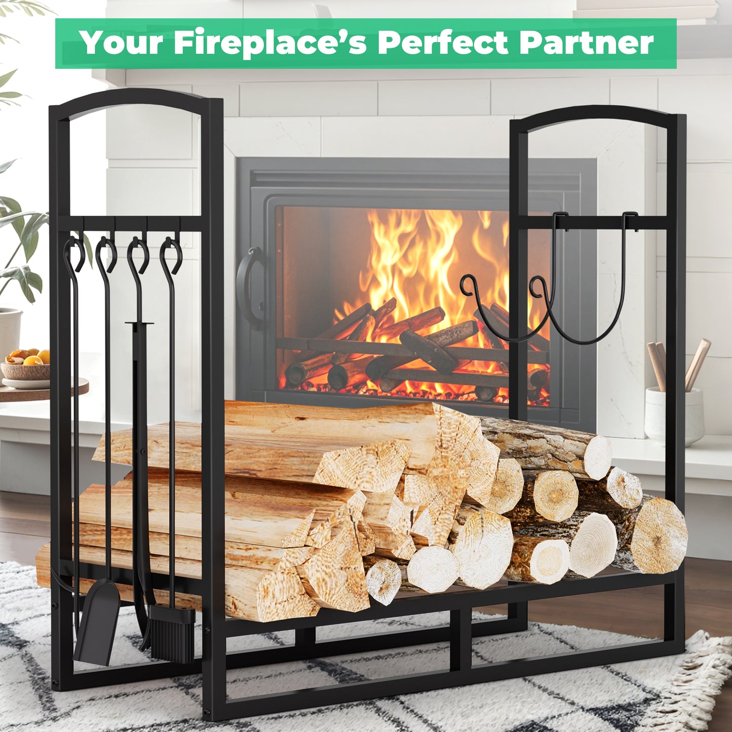 Lookfly Firewood Rack with 5-Piece Fireplace Tool Set & Kindling Holder – Indoor/Outdoor Wood Storage & Organizer for Fire Pit or Fireplace