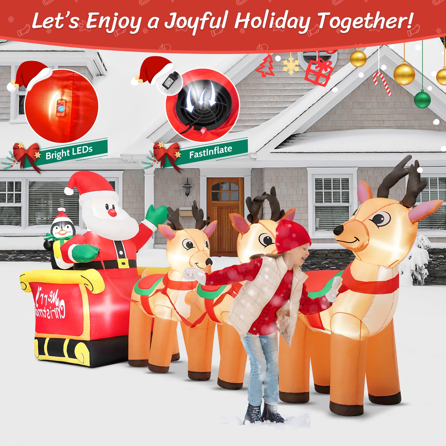 IZNEN 12ft Christmas Inflatable Santa Claus On Sleigh With 3 Reindeer Outdoor Lights Decor for Holiday Decor,Xmas Party,Yard,Garden and Lawn