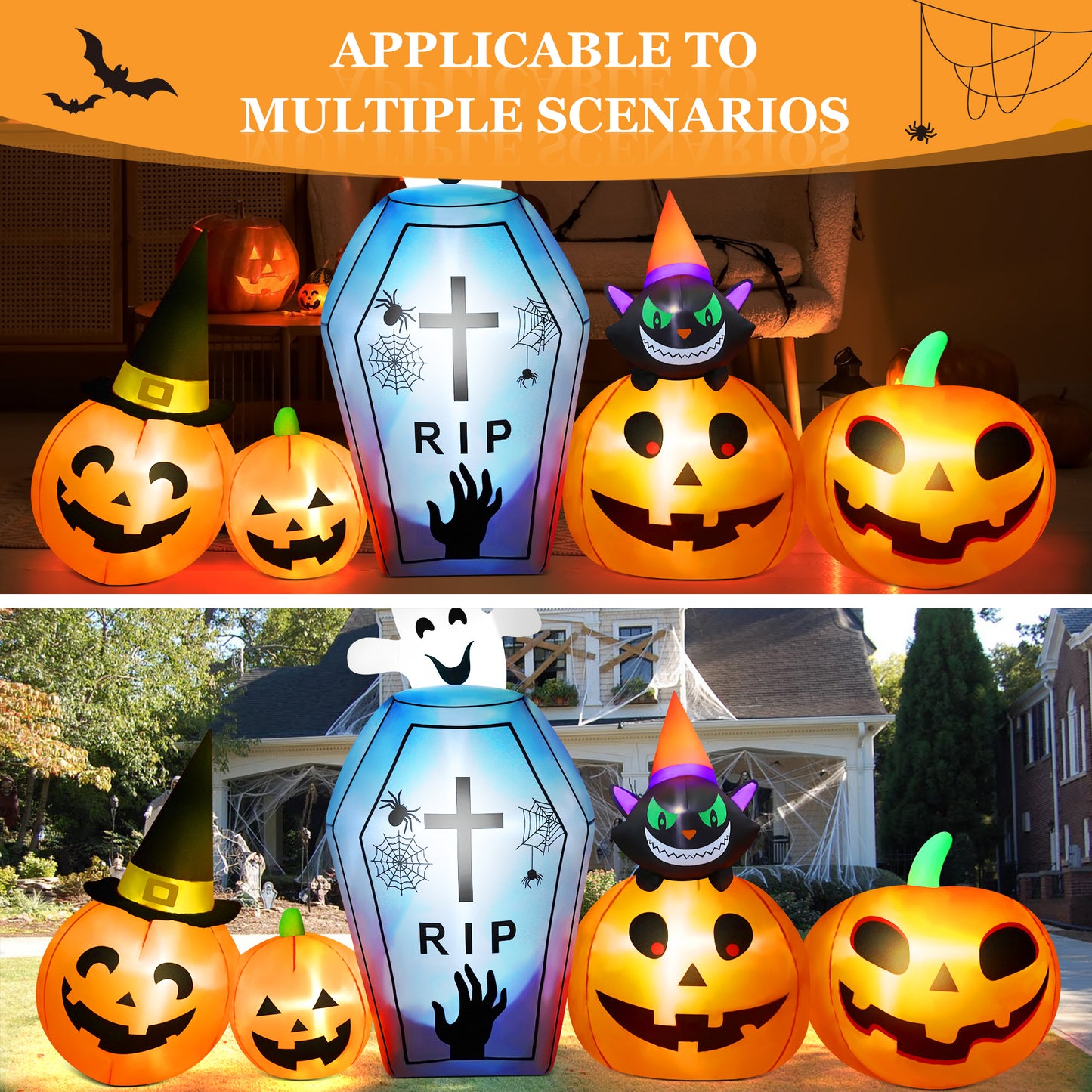IZNEN 9.5ft Halloween Inflatable Pumpkins Outdoor Decor with Black Cat Tombstone and Spectre,Built-in LED Lights,for Halloween Party,Yard,Garden,Lawn