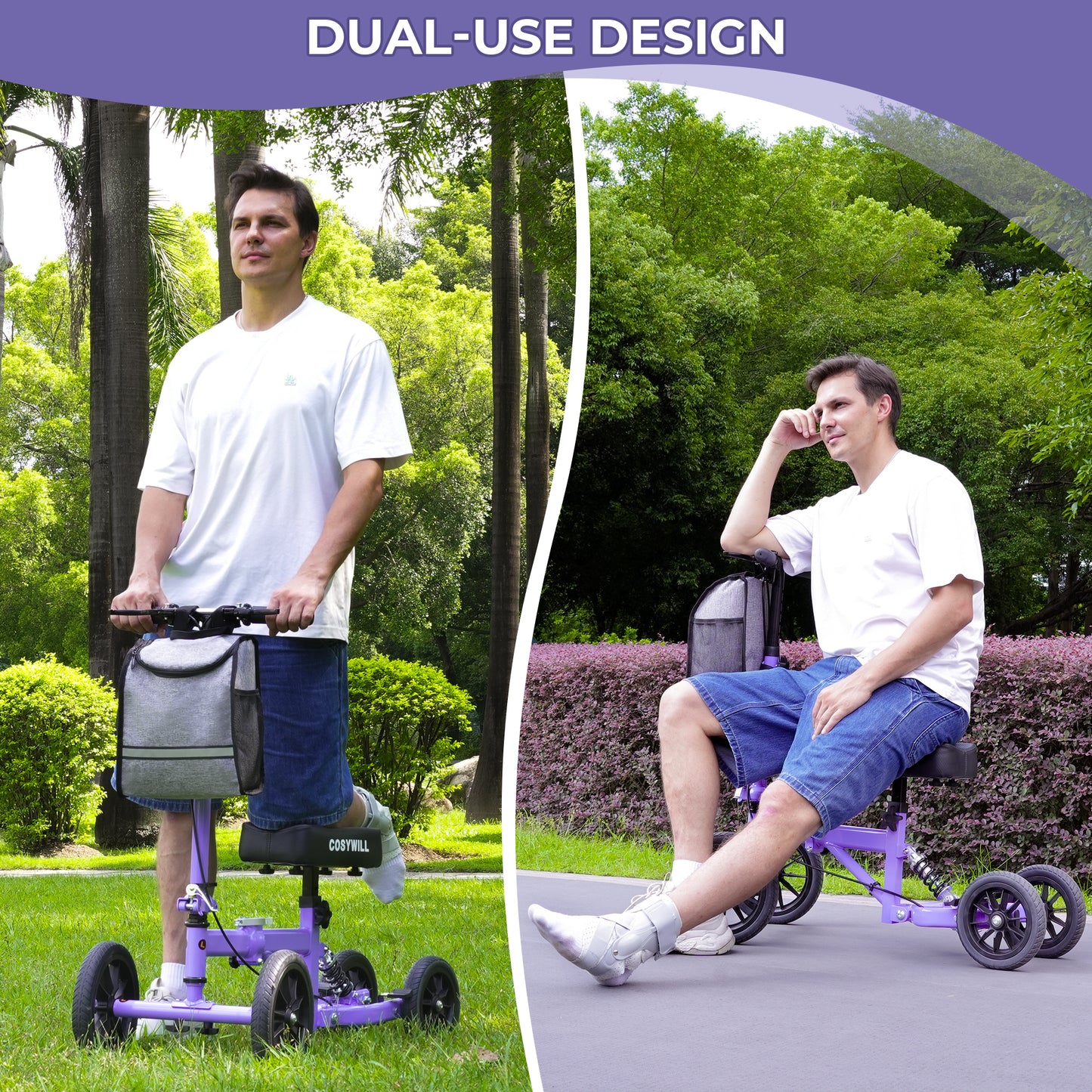 COSYWILL All Terrain Knee Scooter,Knee Walker Scooter for Foot Injuries,Adults Roller Scooter for with 10“ TPU Wheel,Compact Crutches Alternative,Purple
