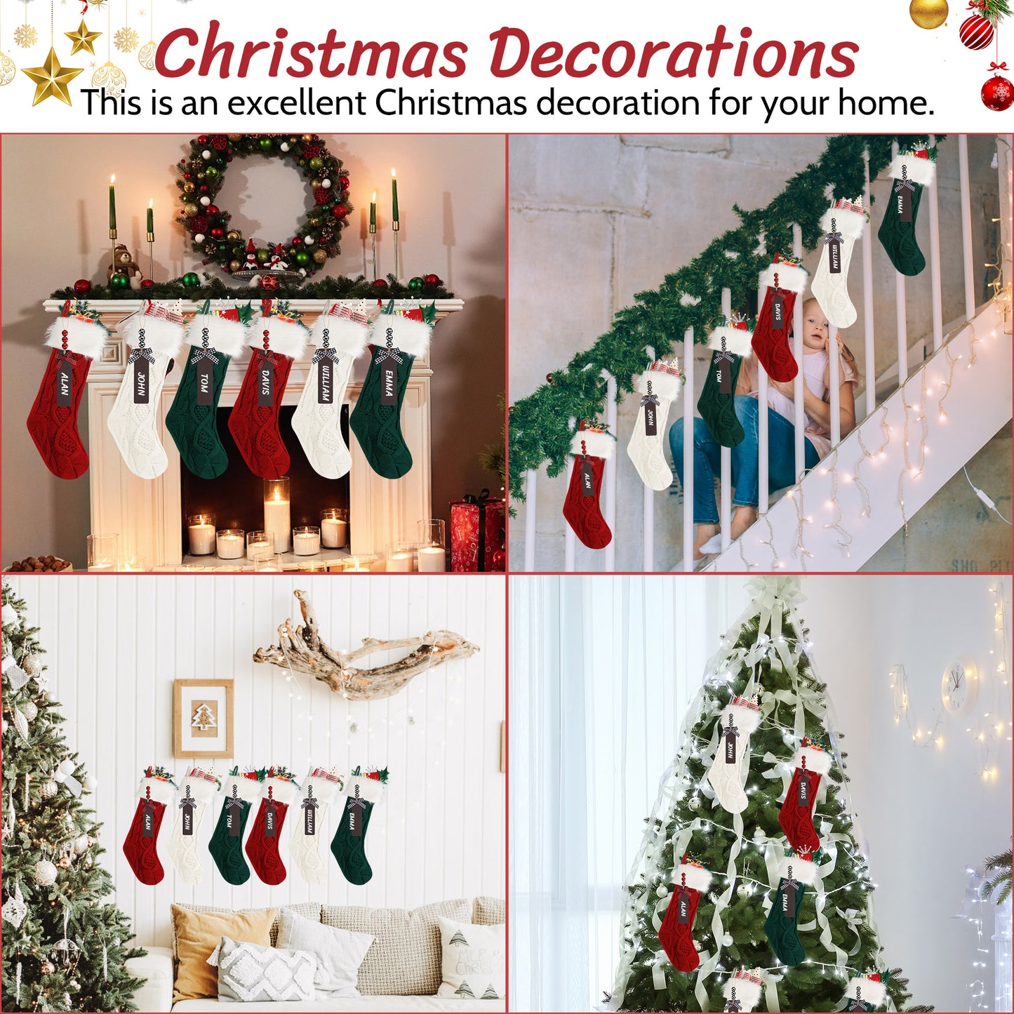 Yexmas 6-Pack Christmas Stockings, 18" Personalized Xmas Stockings, Large Knitted Stockings for Holiday Party Decor Burgundy, lvory, Green