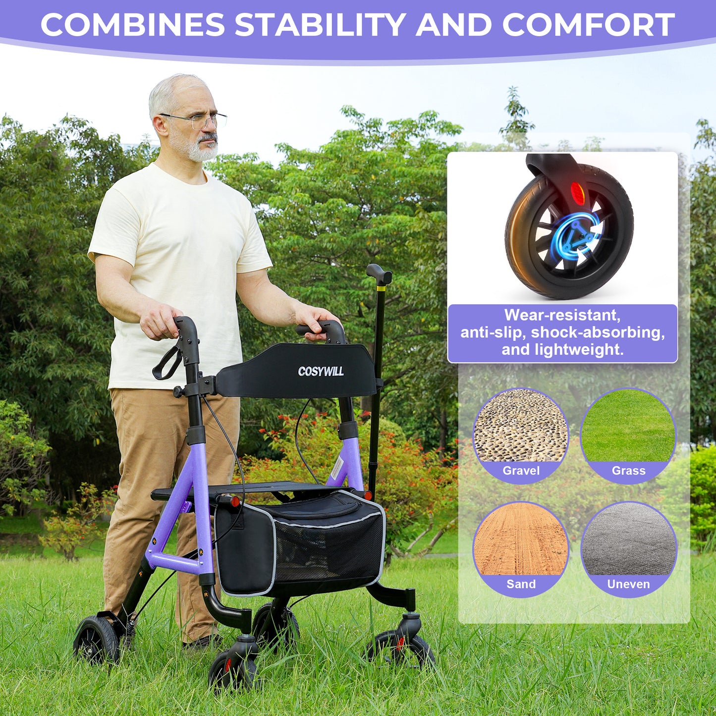 COSYWILL Aluminum Rollator Walker with Seat,Height Adjustable Mobility Walker with 8" Wheels,350 lb Weight Capacity,Purple
