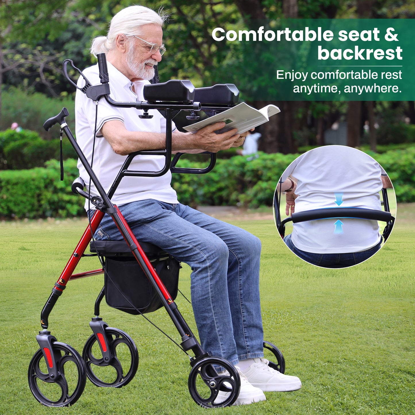 COSYWILL Upright Rollator Walker,Stand Up Walkers for Seniors and Adults with Backrest Seat,Lightweight and Folding Design,Red